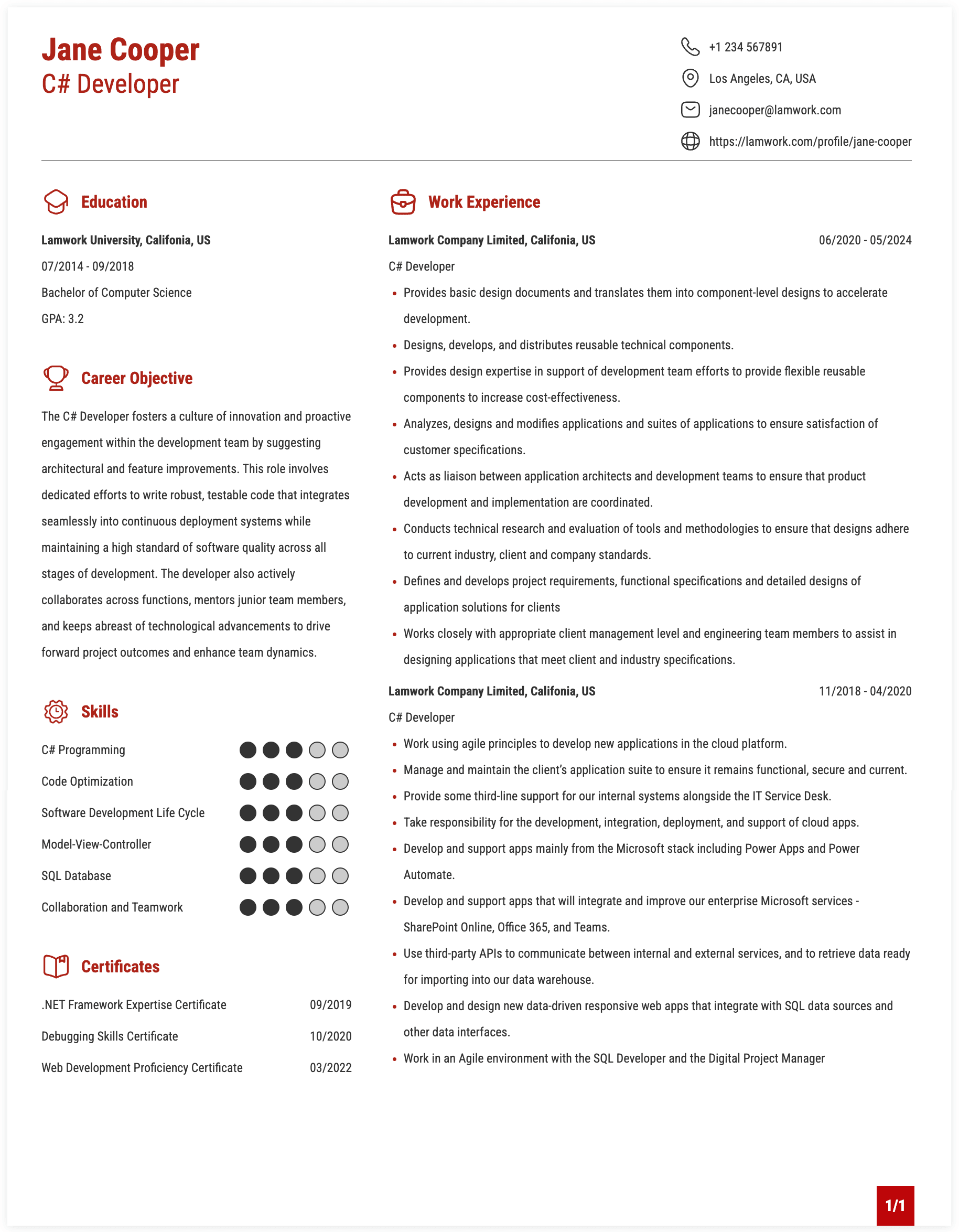 C# Developer Resume Example
