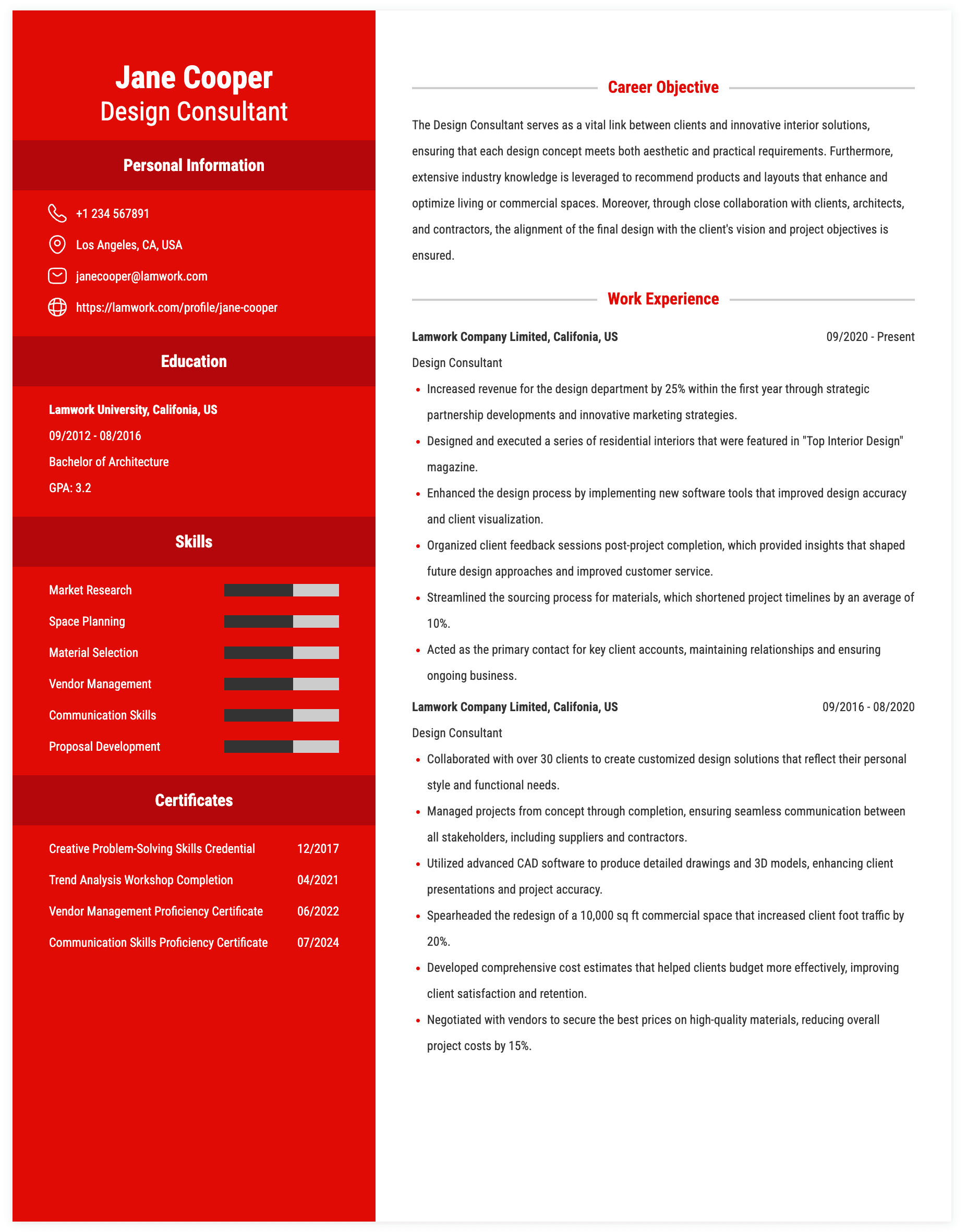 Design Consultant Resume Example