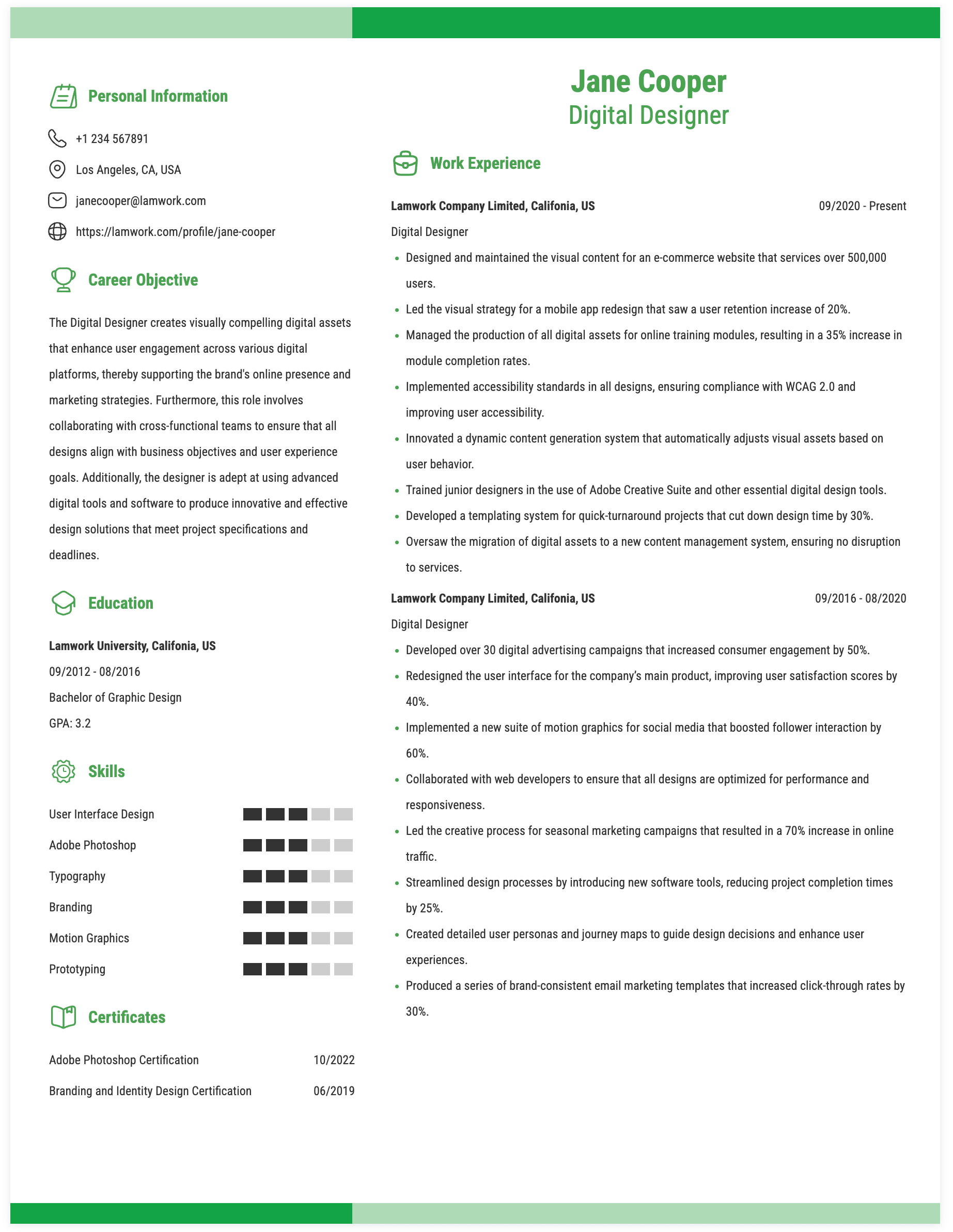Digital Designer Resume Example