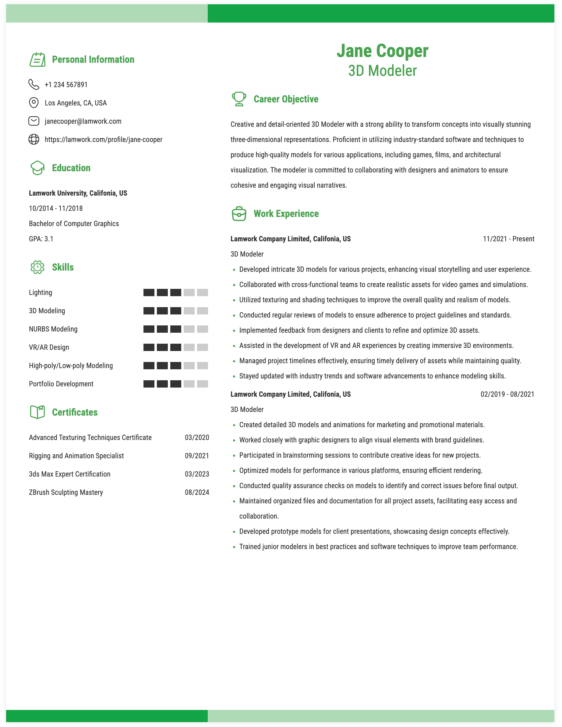 3D Modeler Resume Example