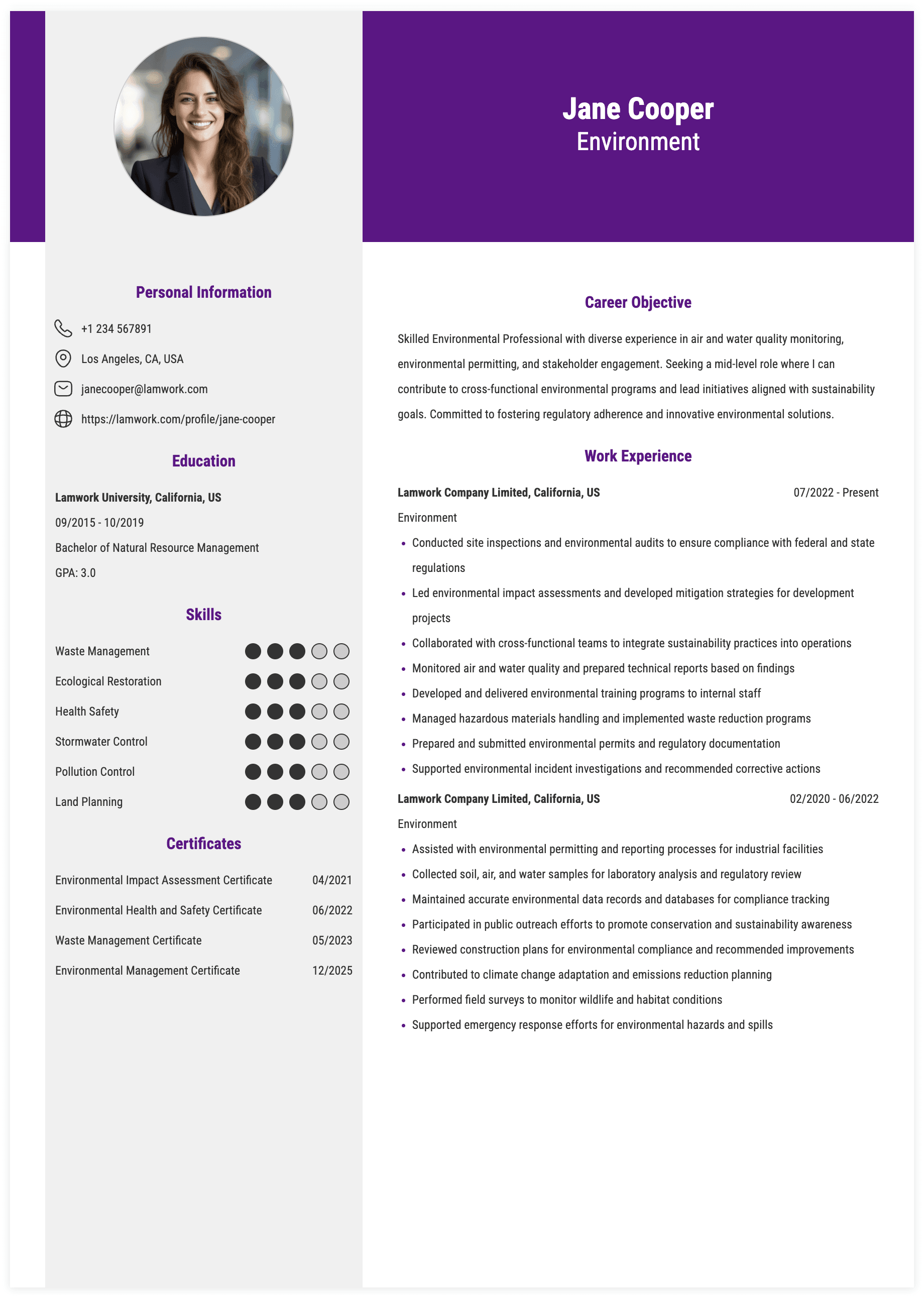 Environment Resume Example