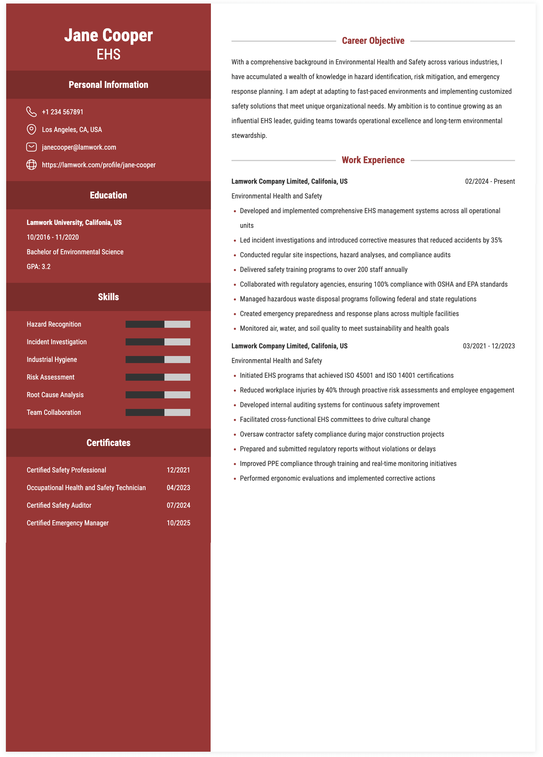 EHS Resume Example