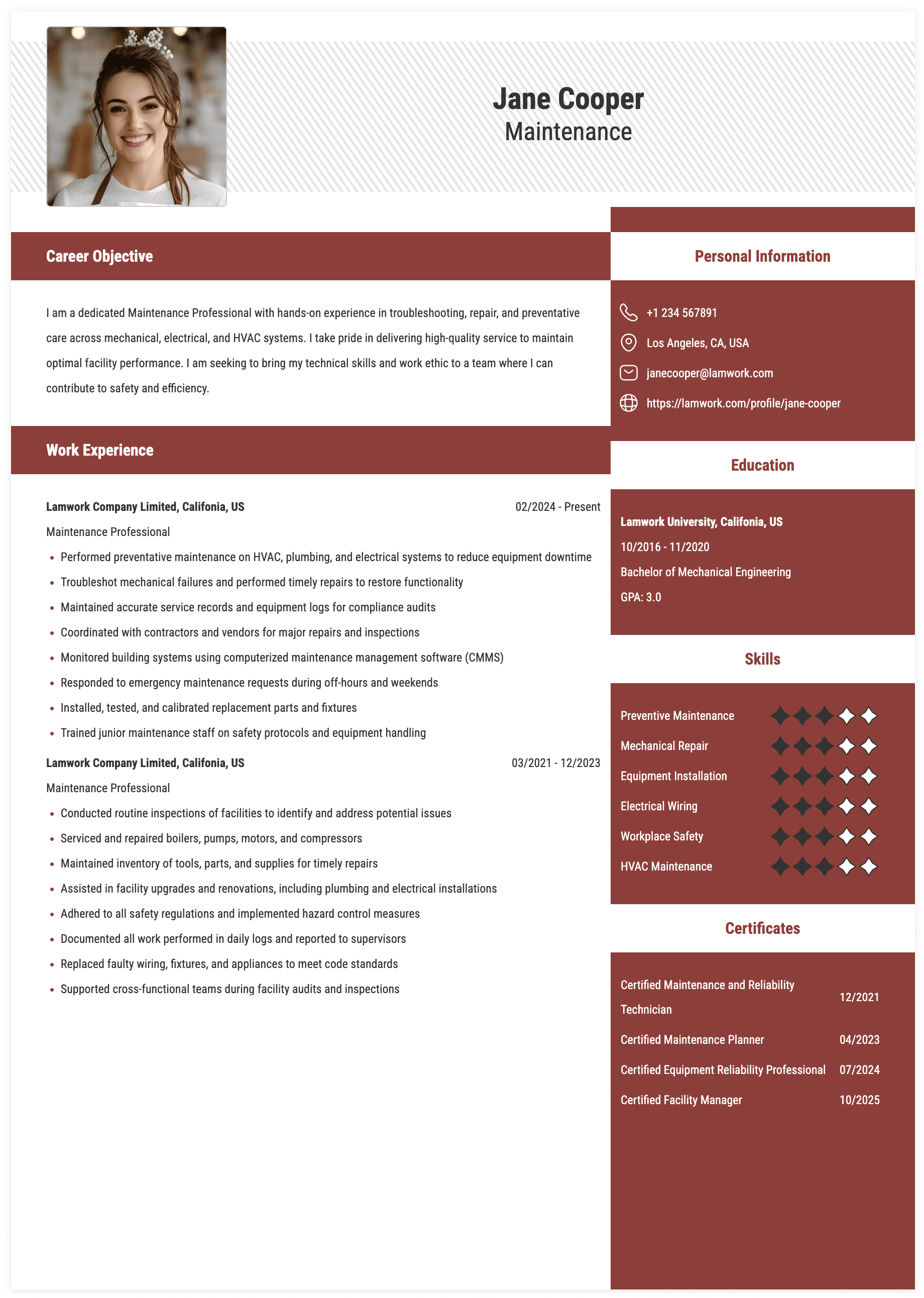 Maintenance Resume Example