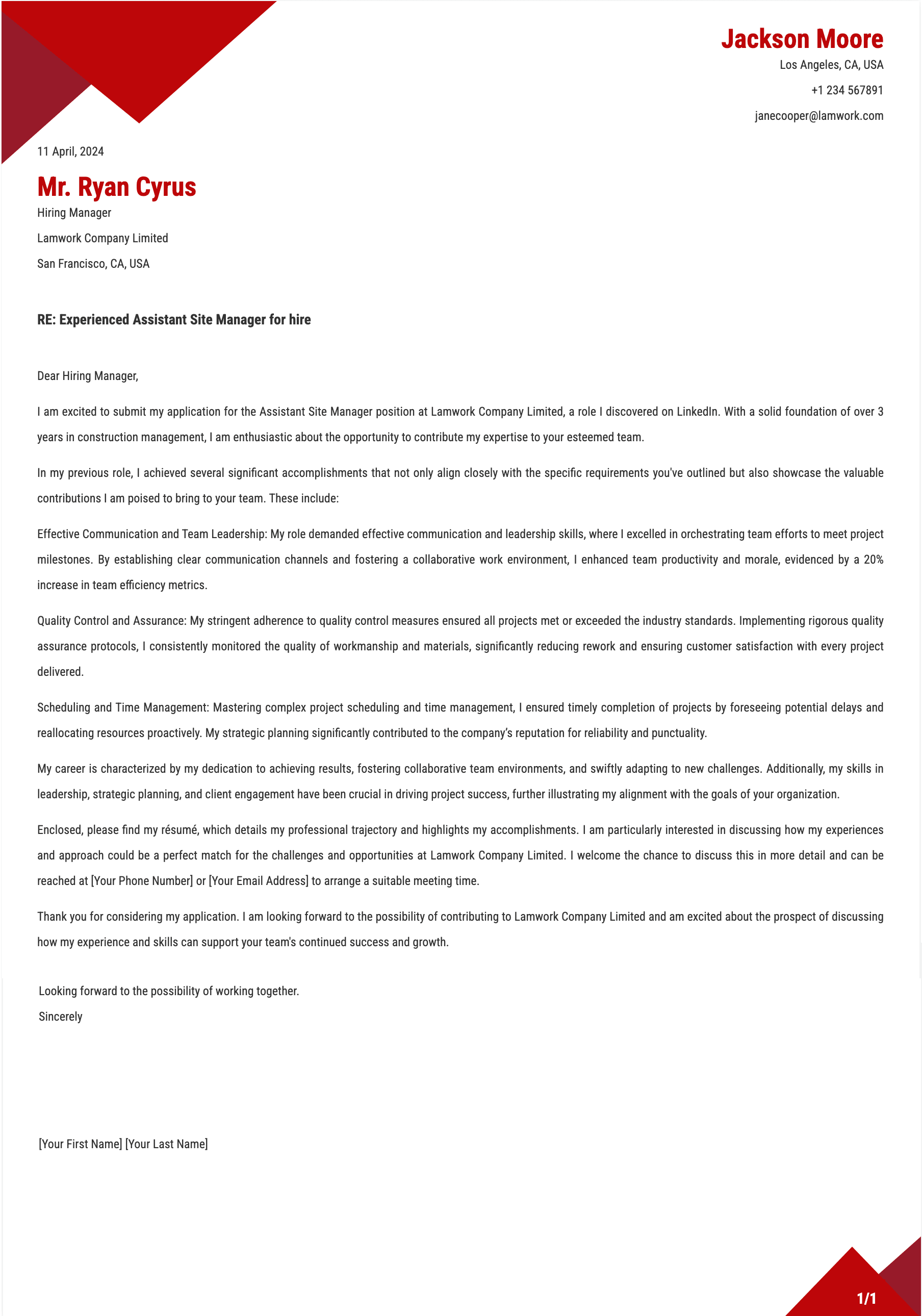 Assistant Site Manager Cover Letter Template