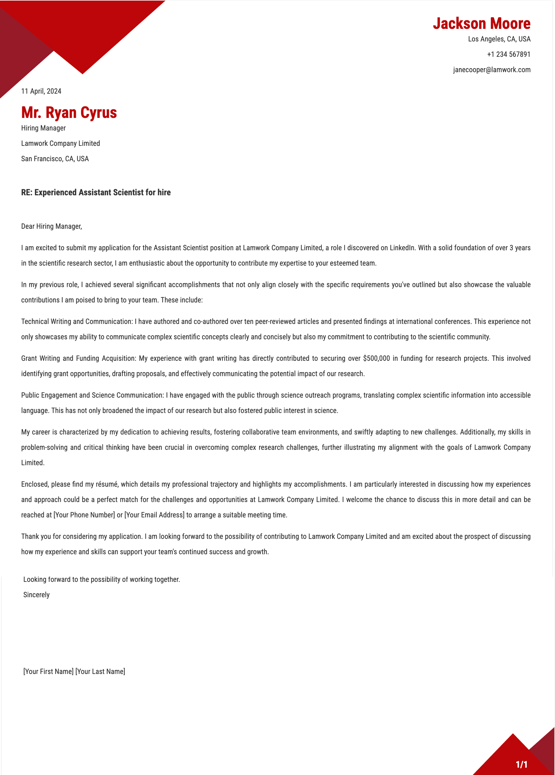 Assistant Scientist Cover Letter Template