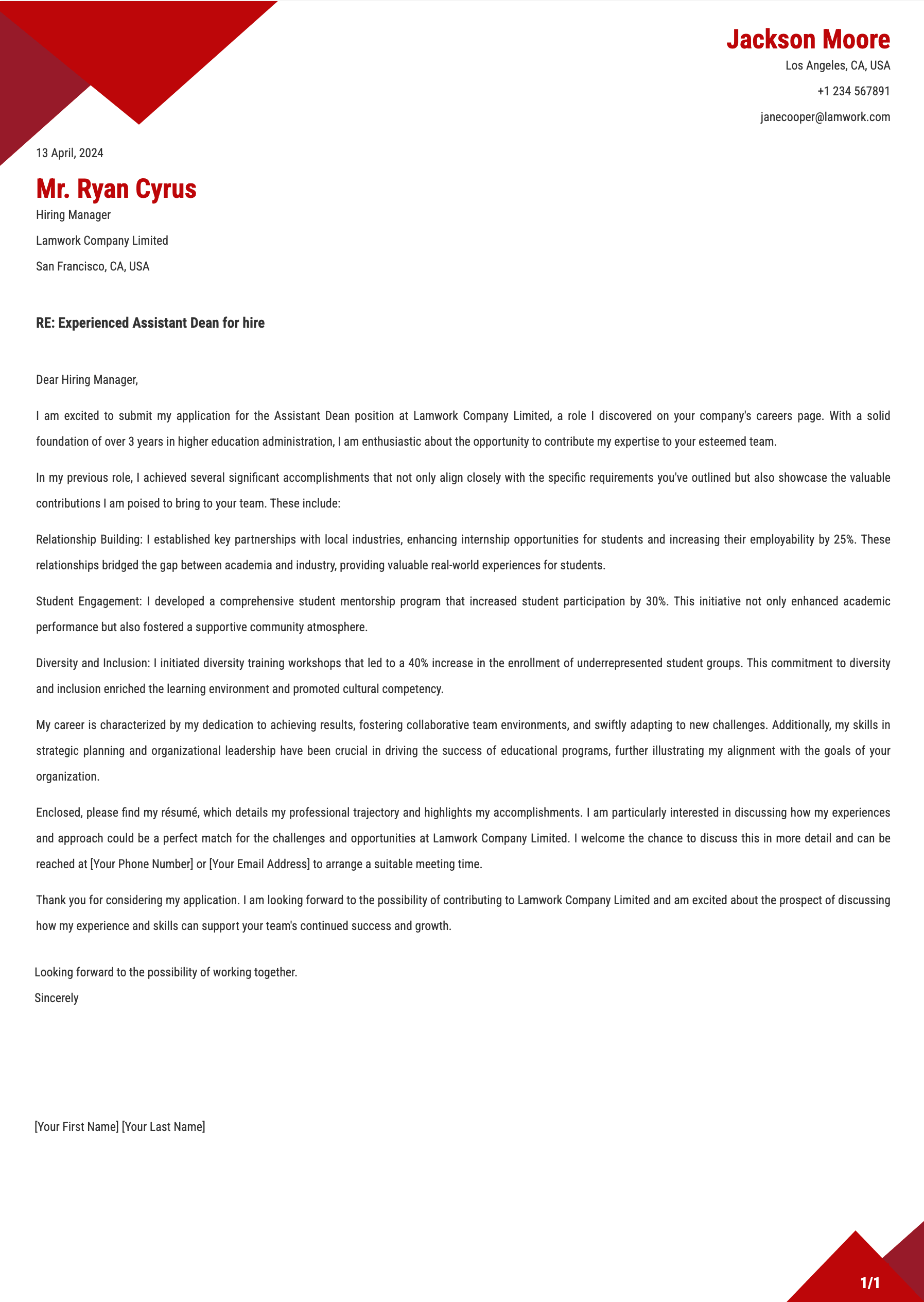 Assistant Dean Cover Letter Template