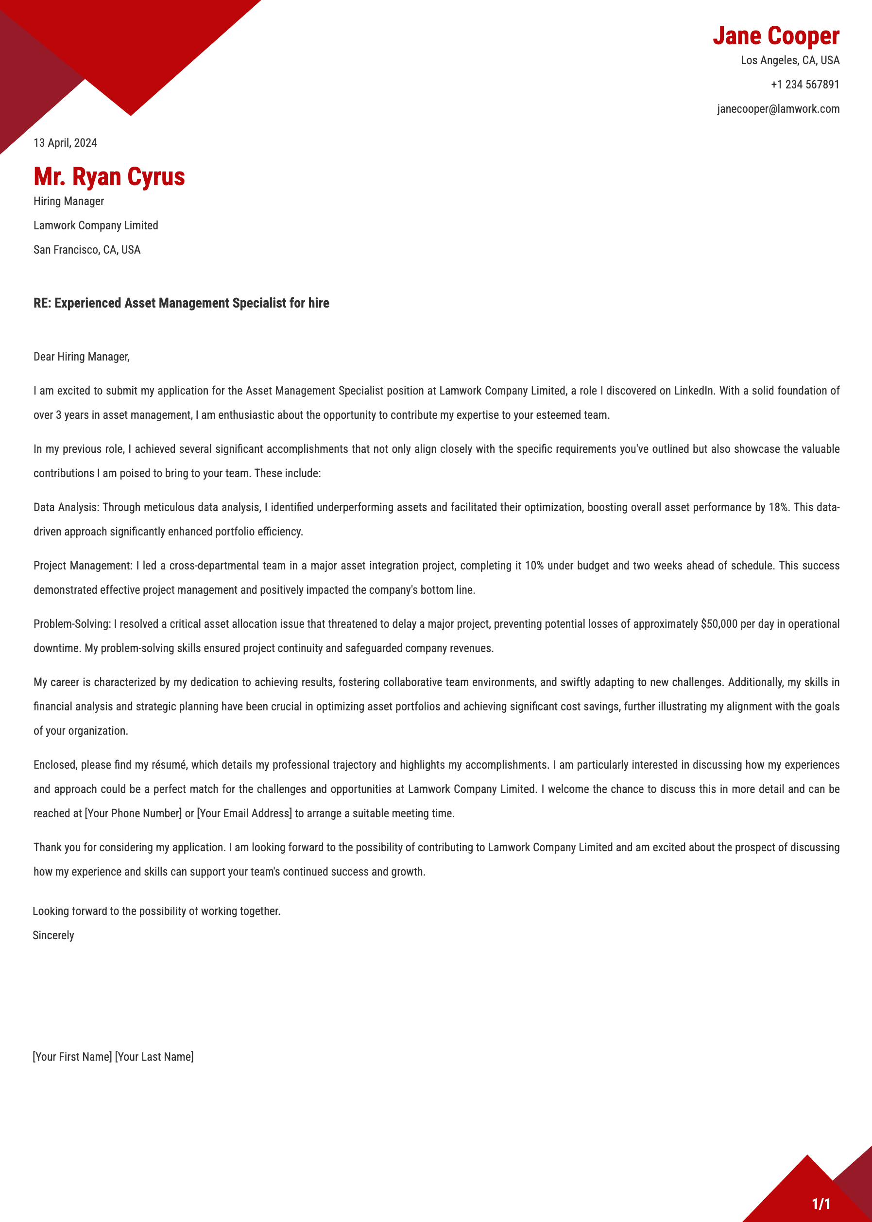 Asset Management Specialist Cover Letter Template