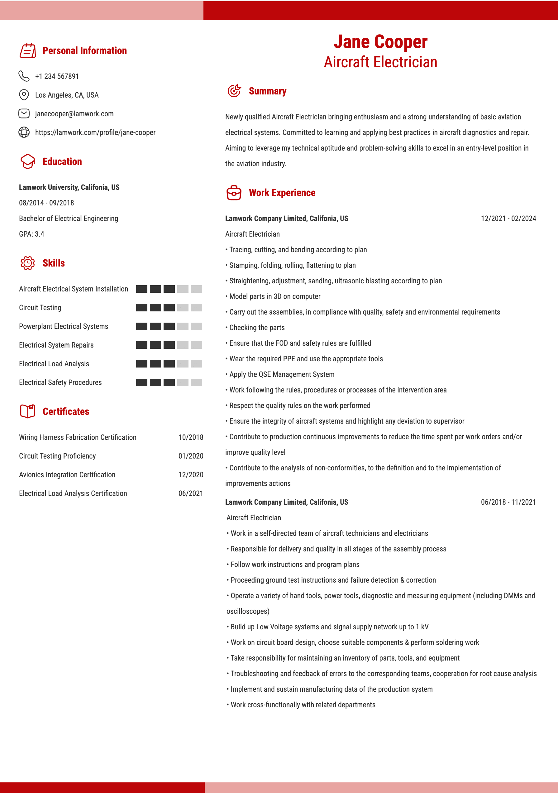 Aircraft Electrician Resume Example