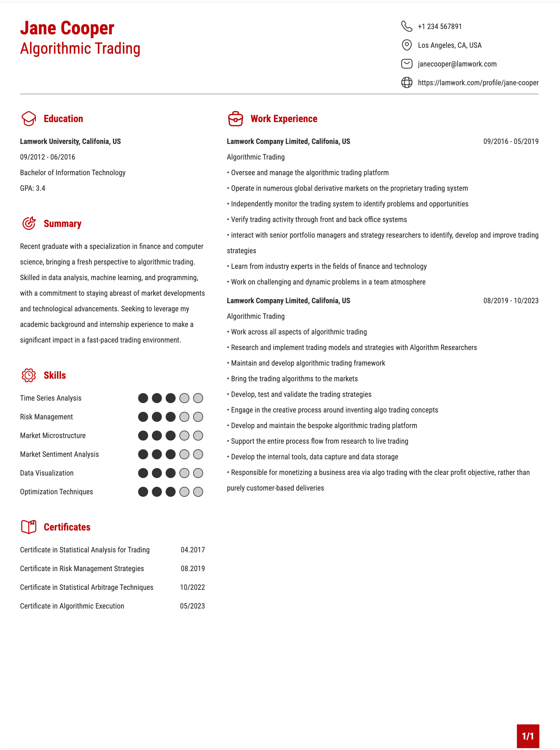 Algorithmic Trading Resume Example