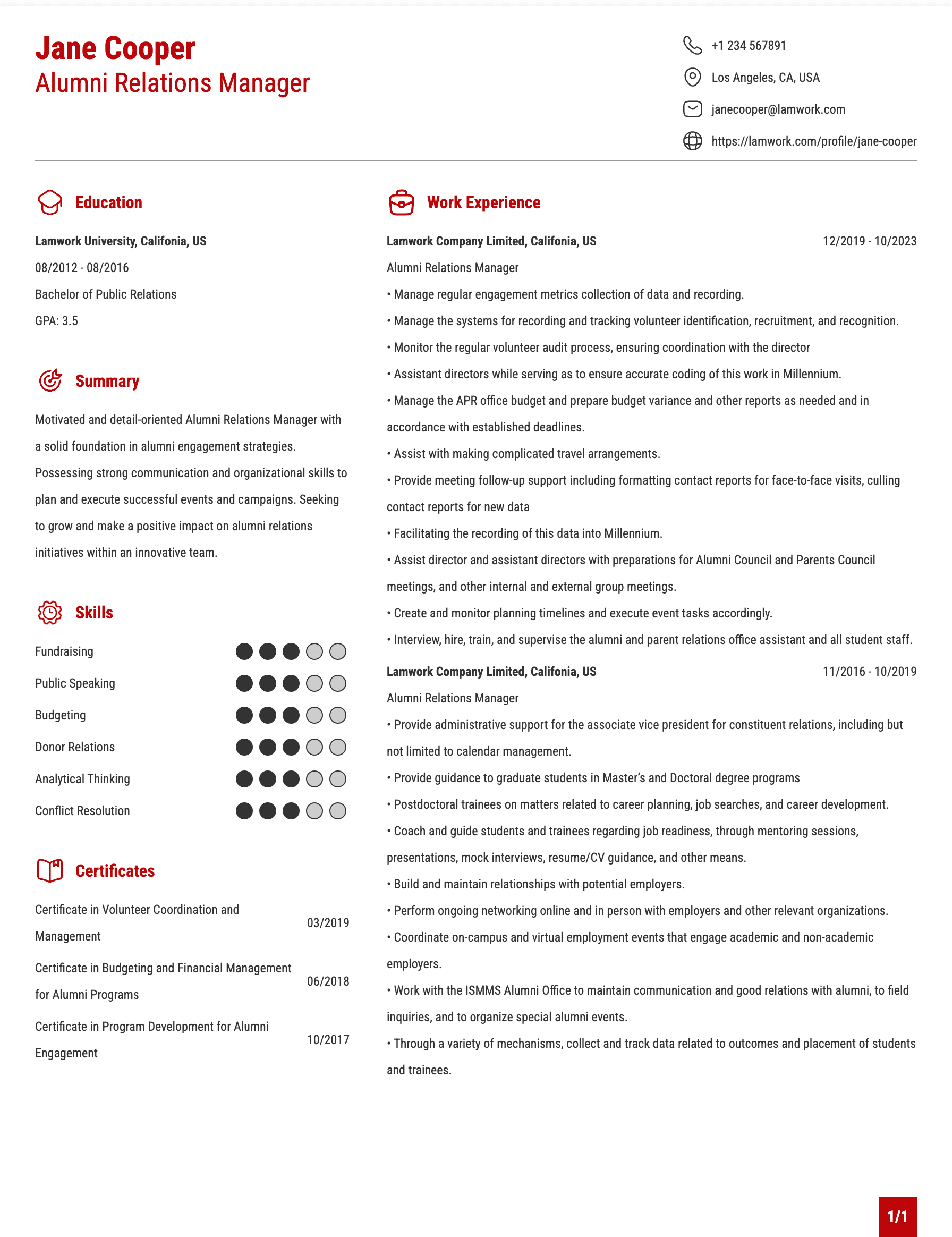 Alumni Relations Manager Resume Example