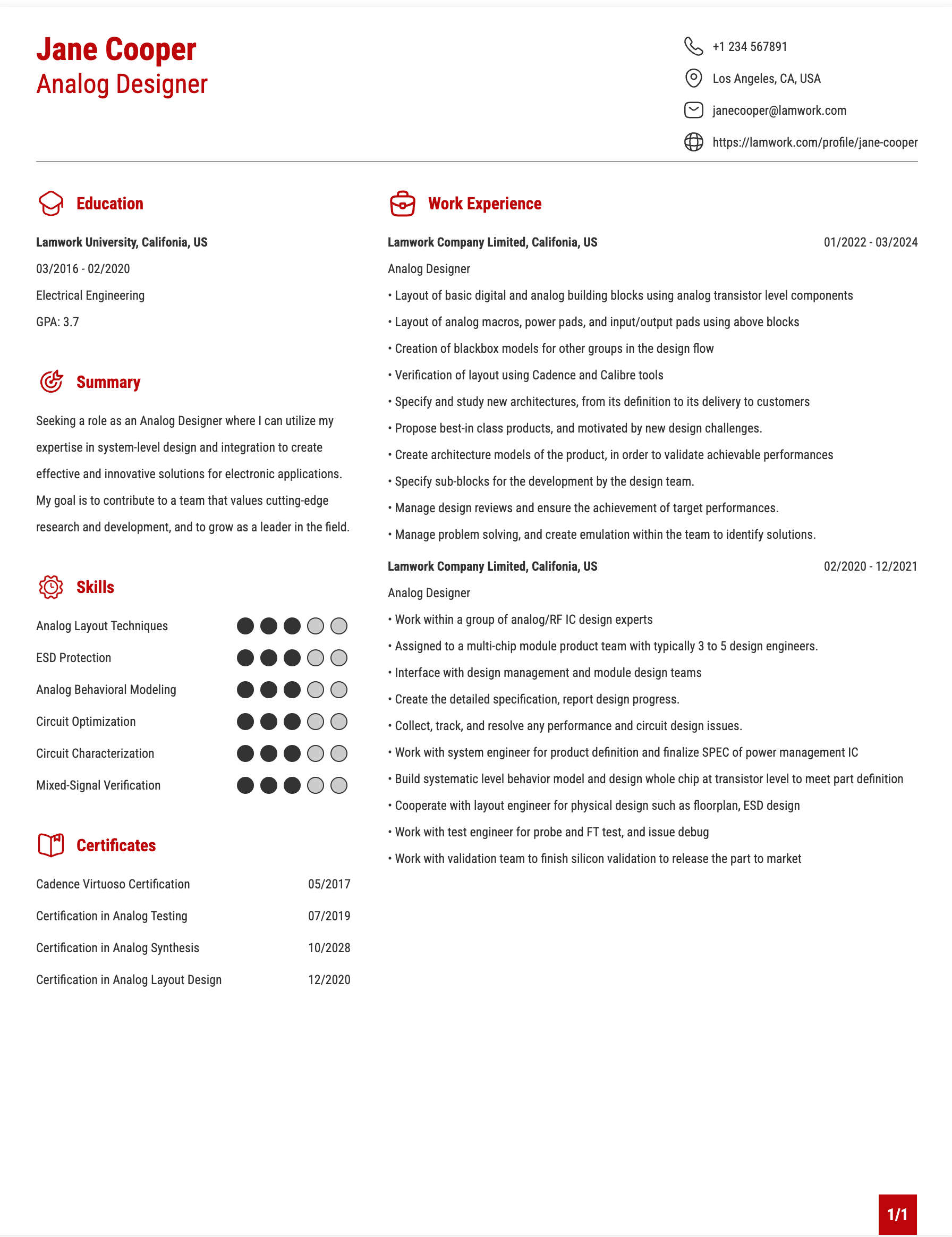 Analog Designer Resume Example