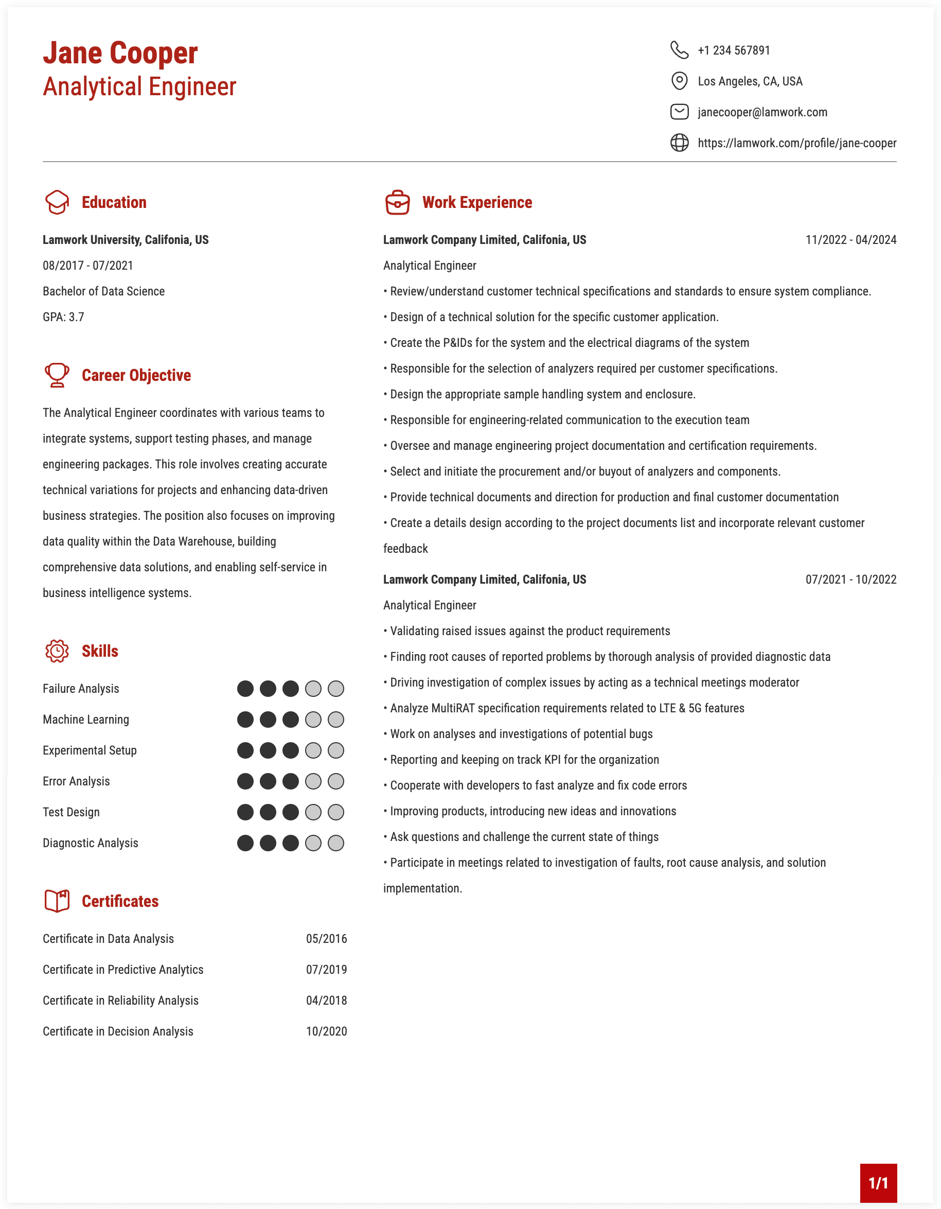 Analytical Engineer Resume Example