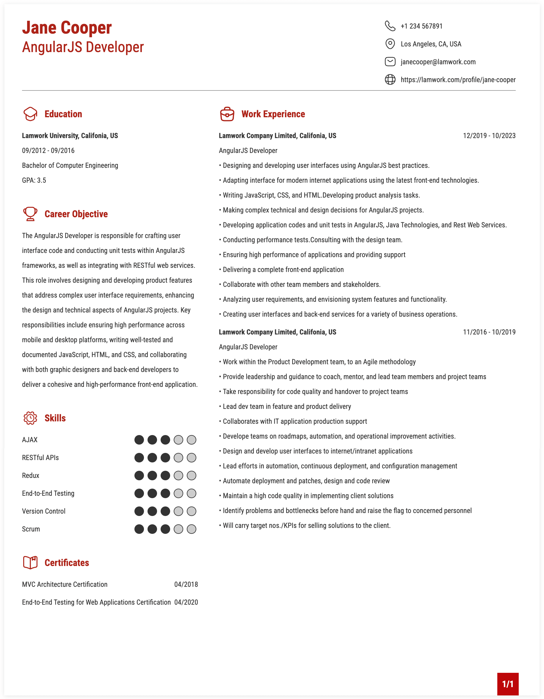 AngularJS Developer Resume Example