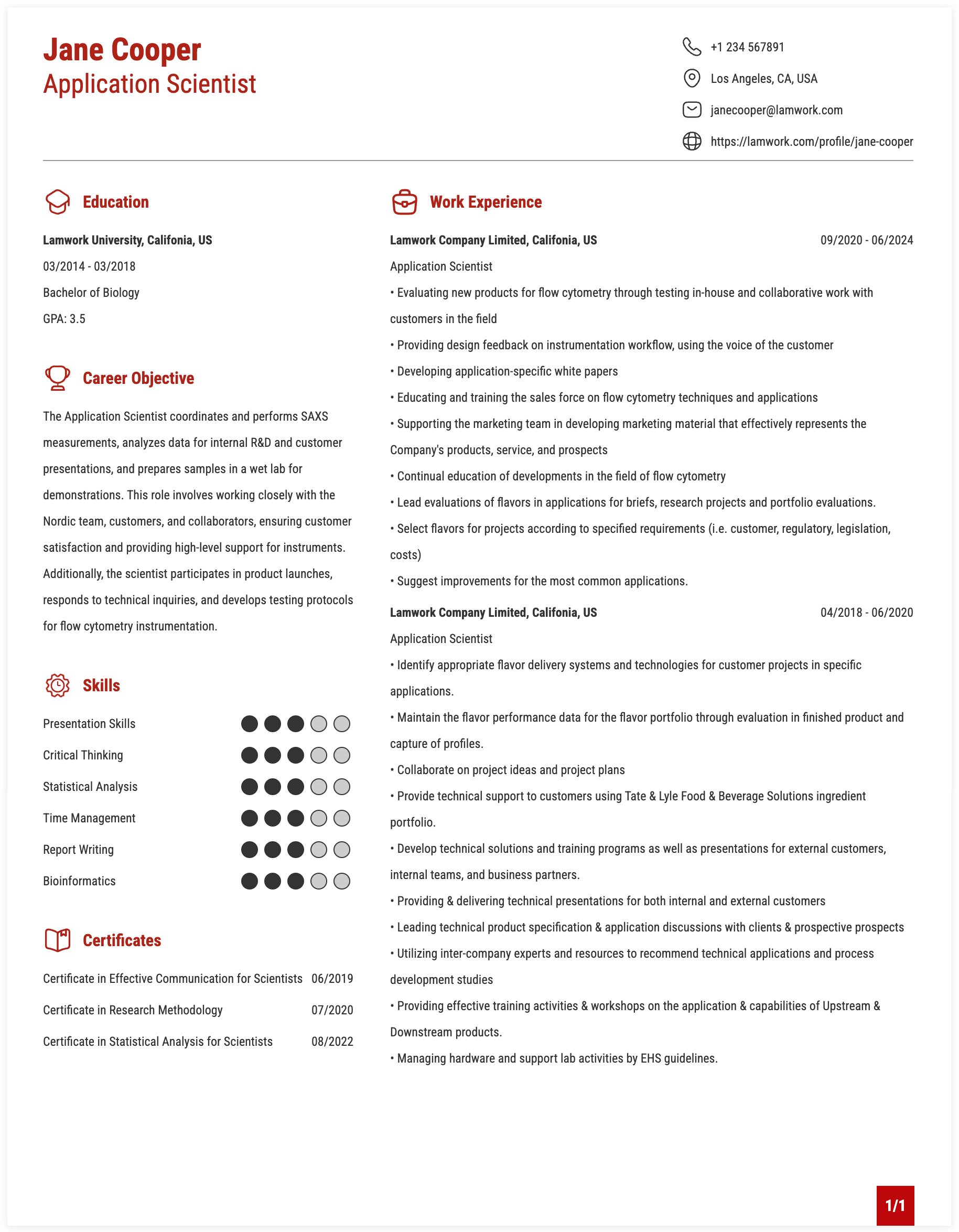 Application Scientist Resume Example
