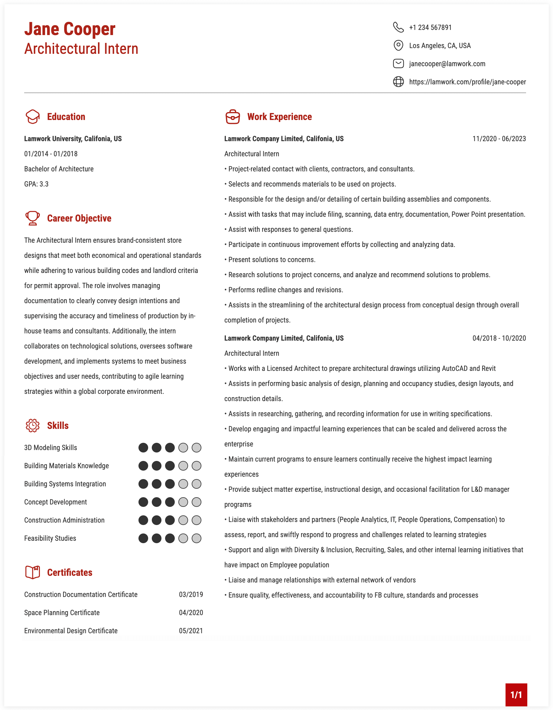 Architectural Intern Resume Example