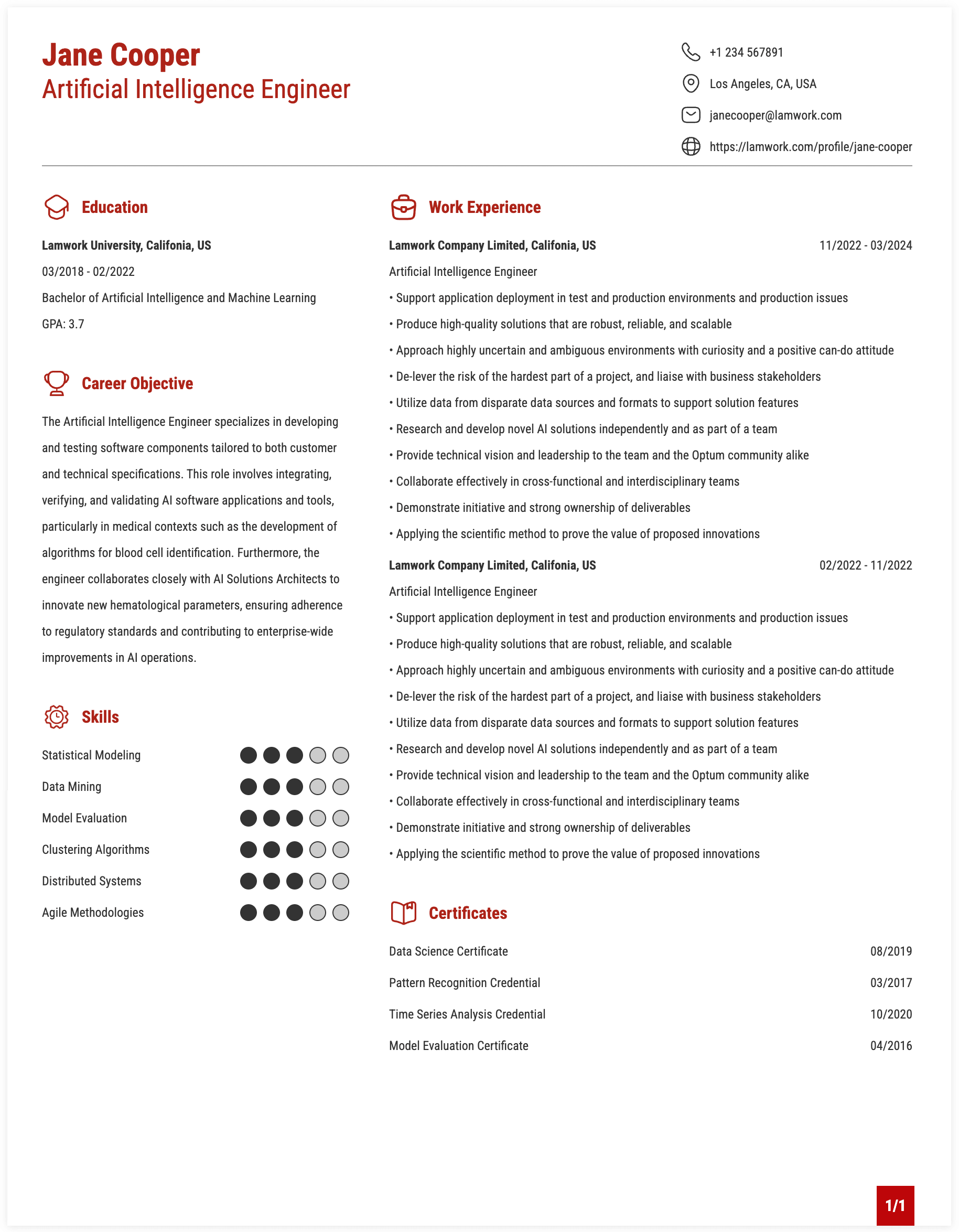 Artificial Intelligence Engineer Resume Example