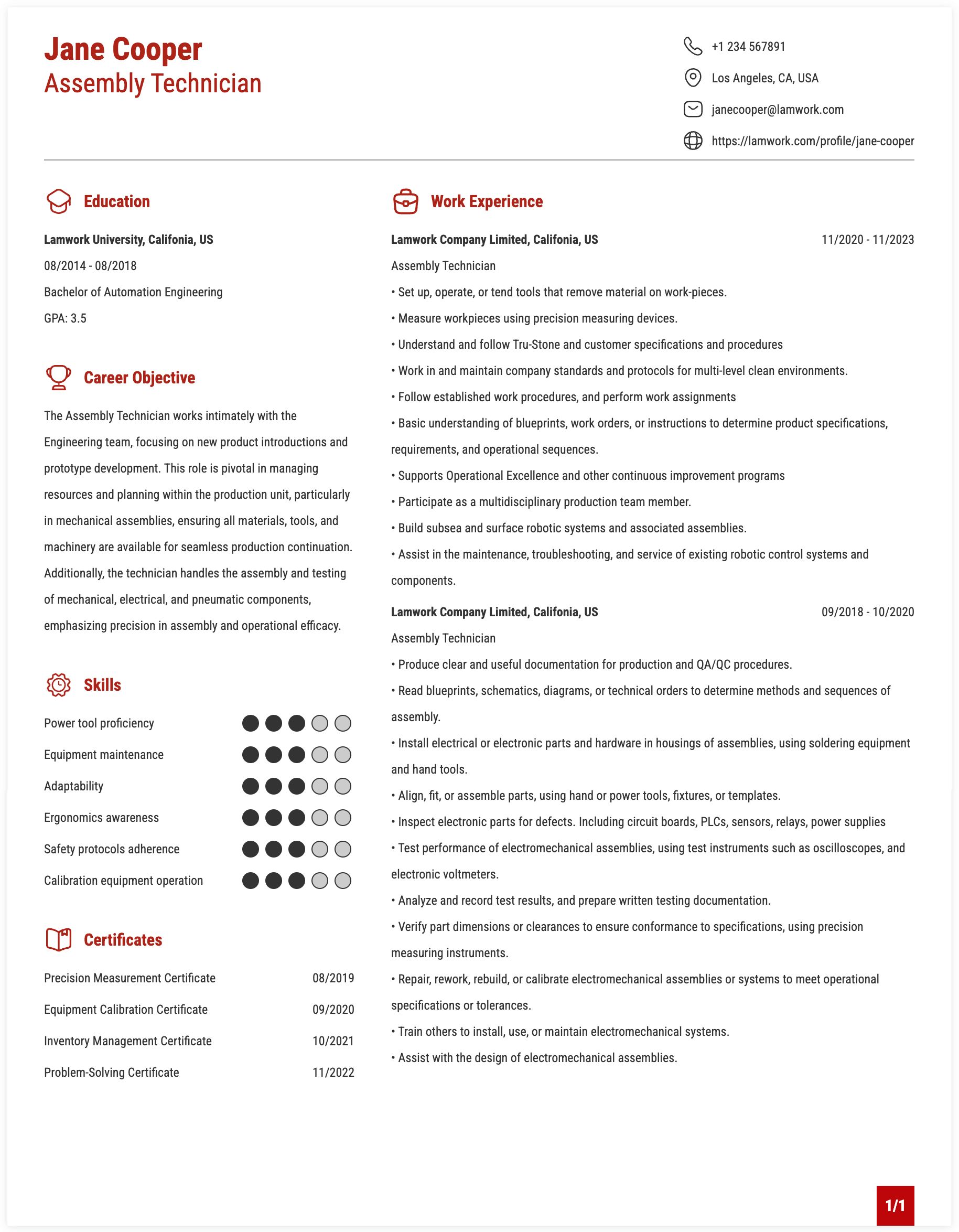 Assembly Technician Resume Example