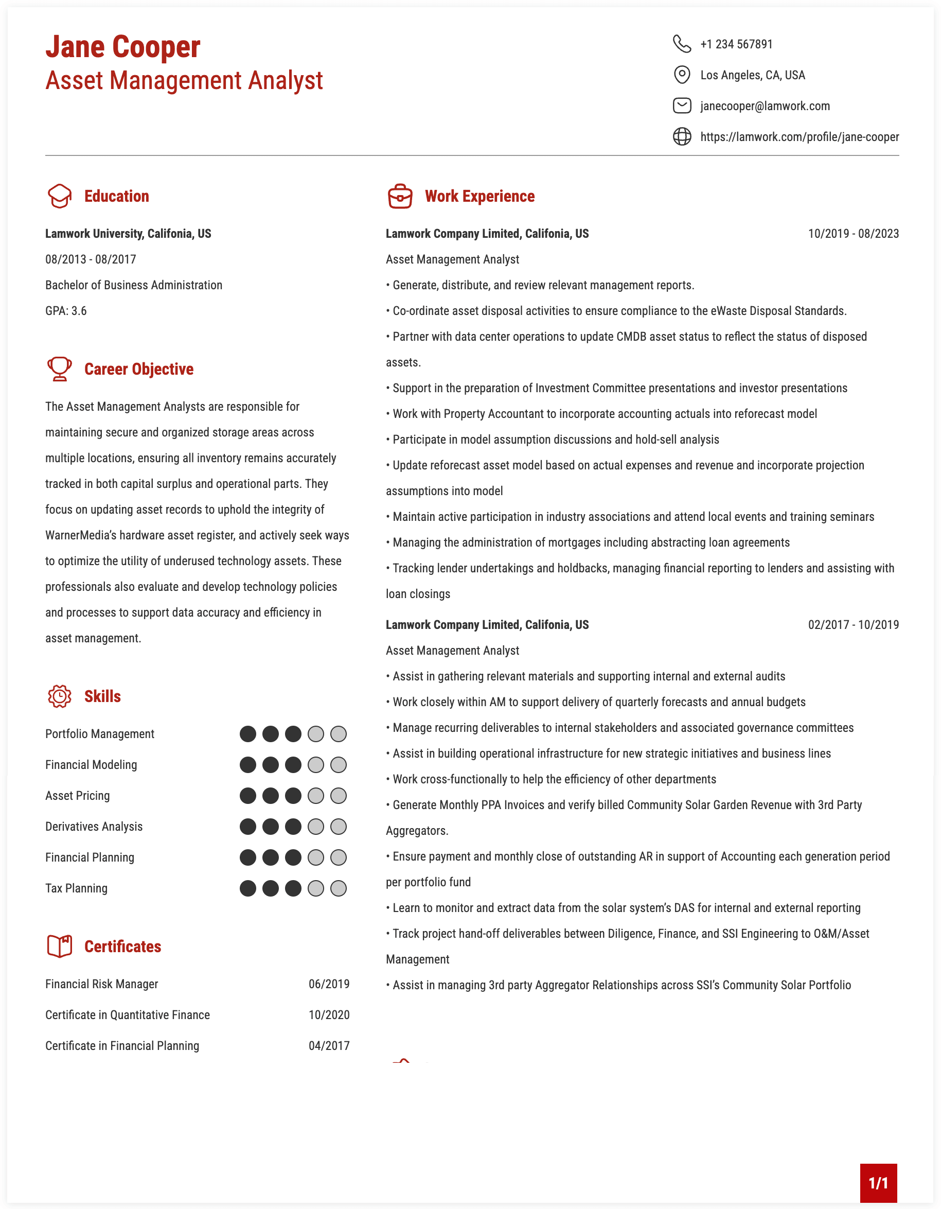 Asset Management Analyst Resume Example