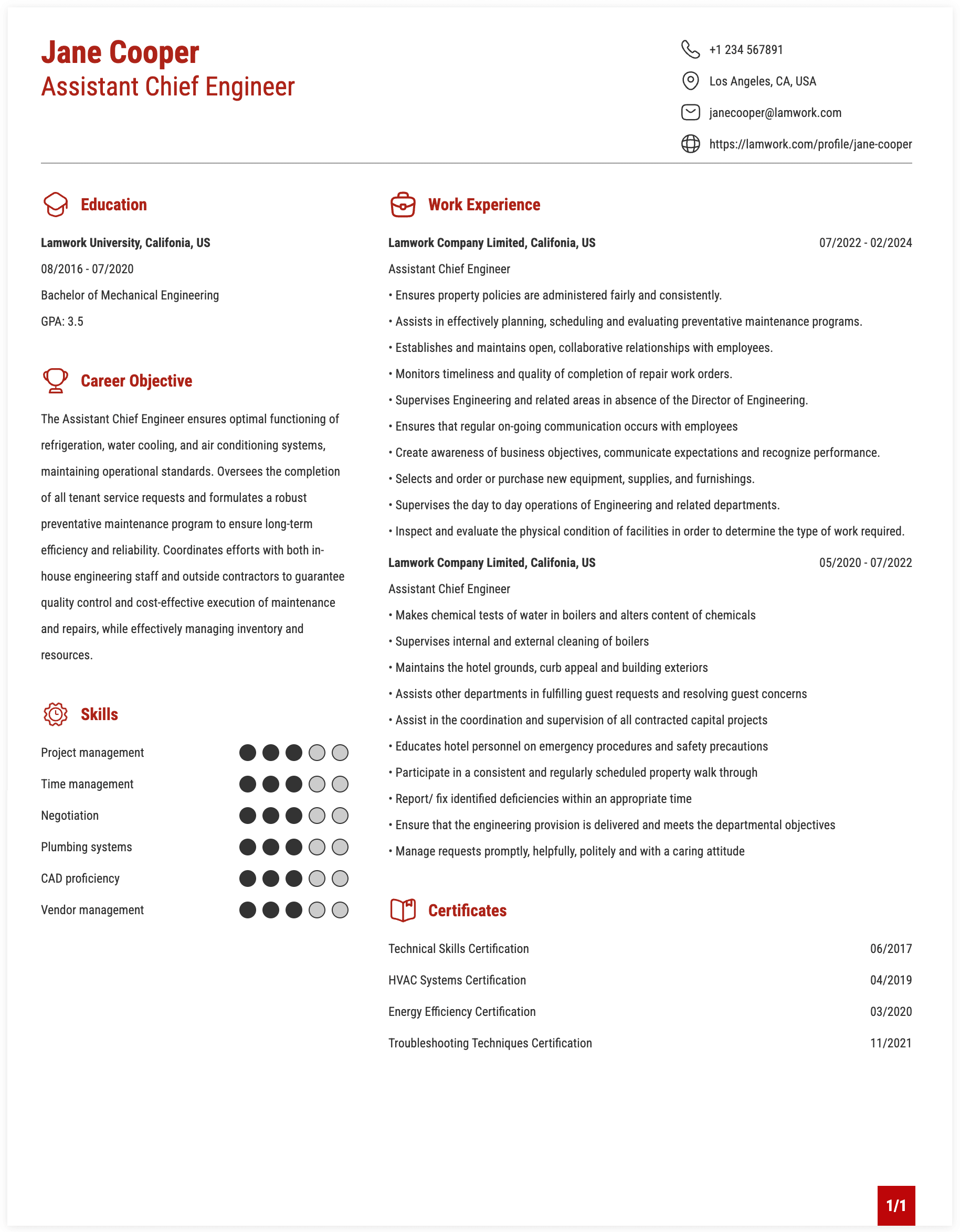 Assistant Chief Engineer Resume Example