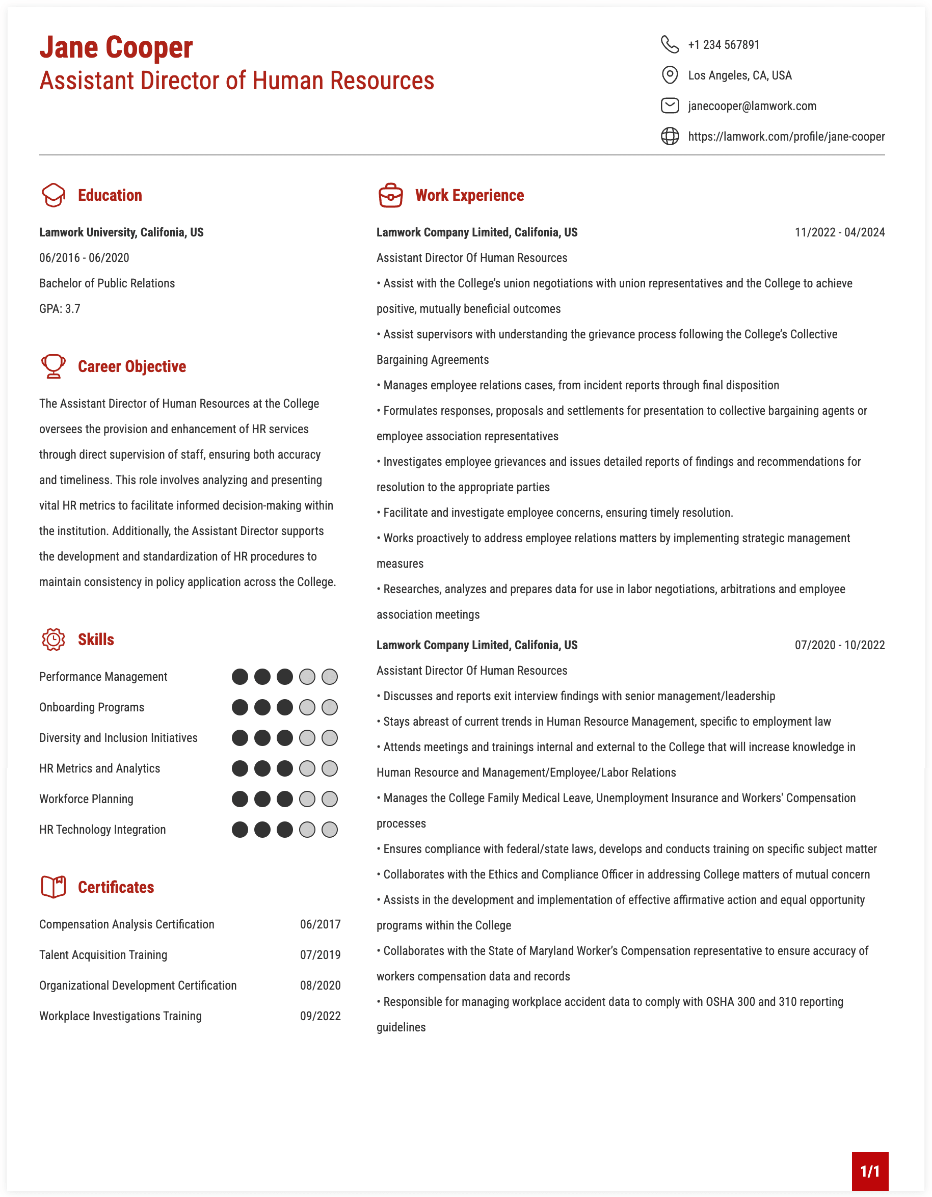 Assistant Director Of Human Resources Resume Example