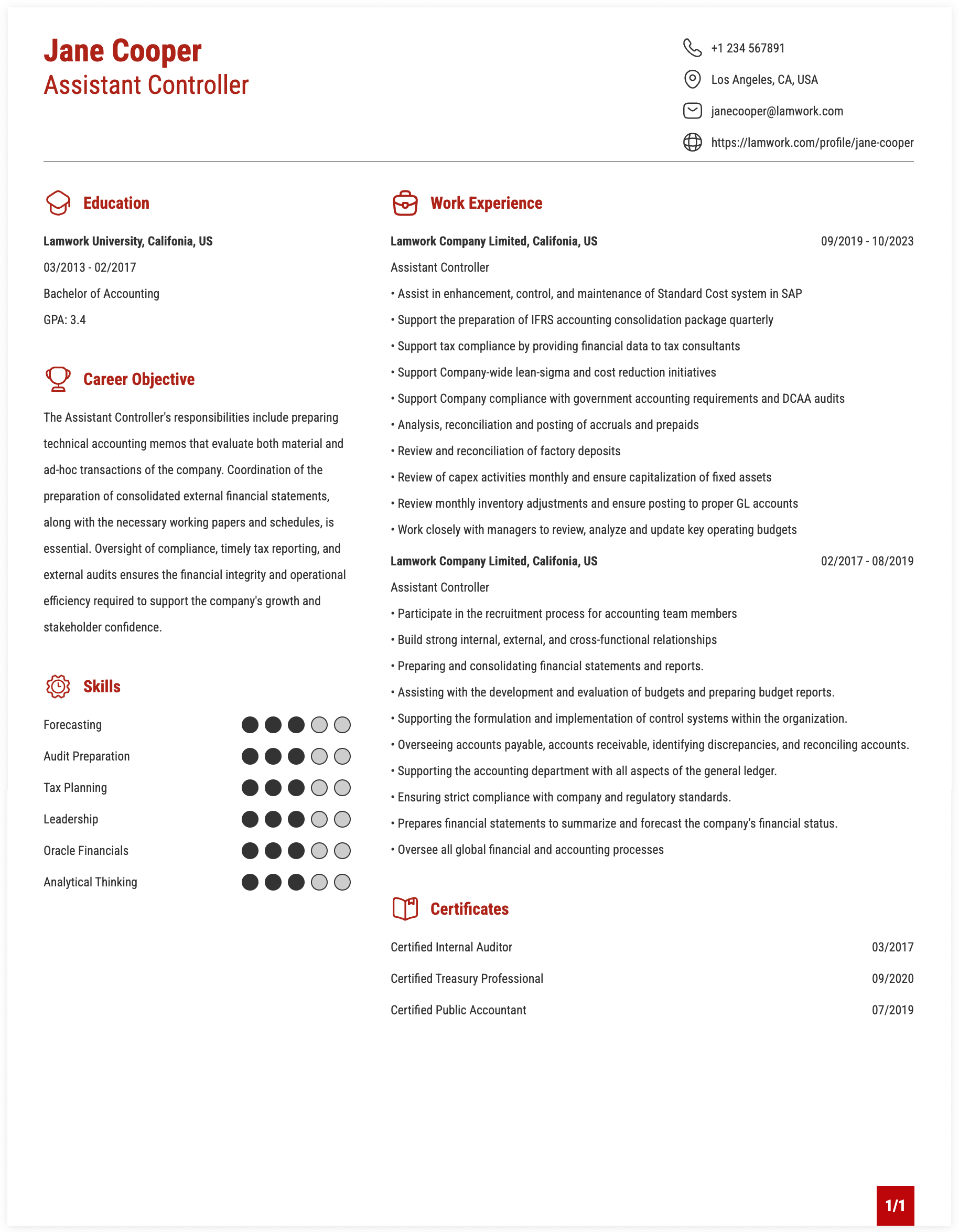 Assistant Controller Resume Example