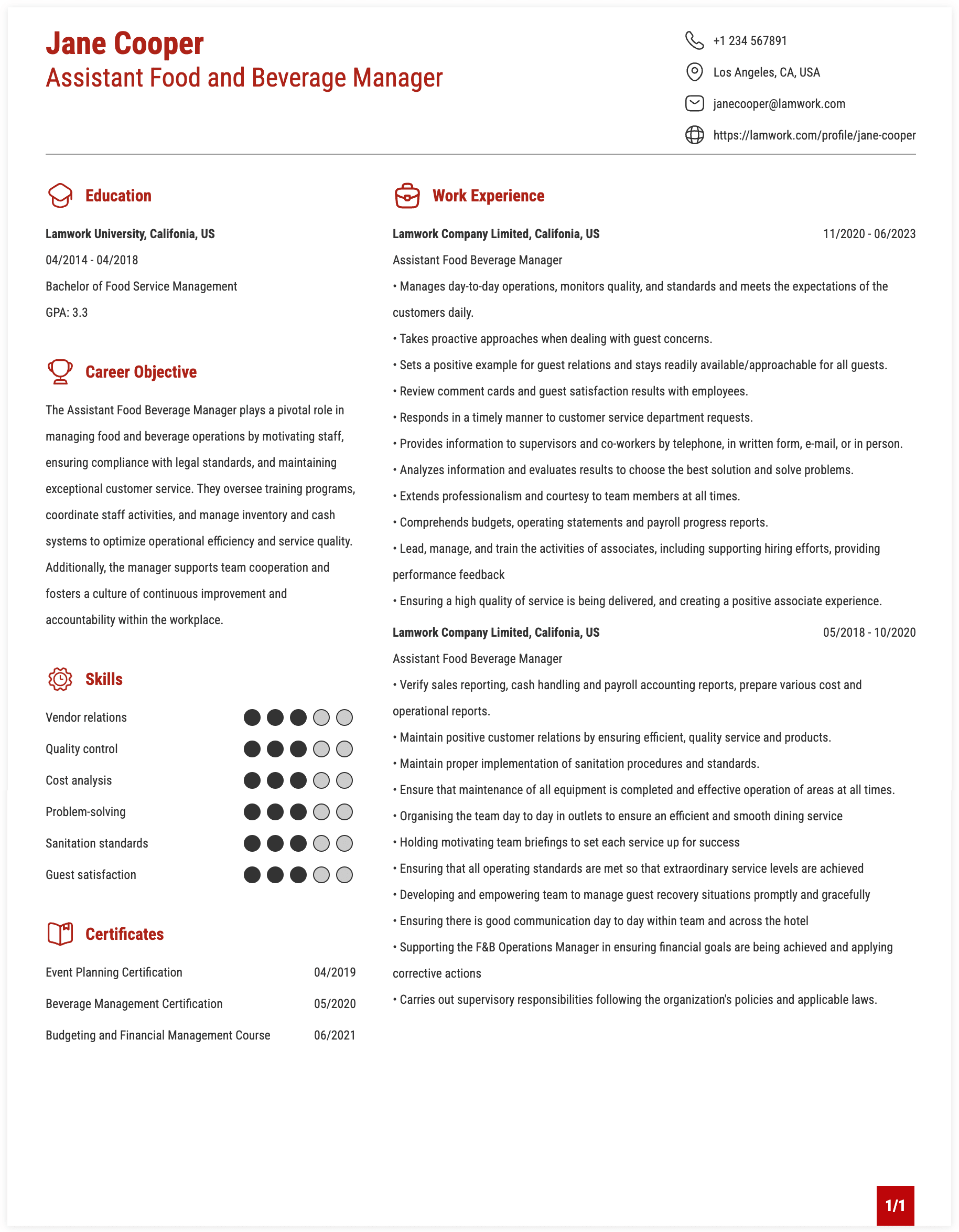 Assistant Food Beverage Manager Resume Example