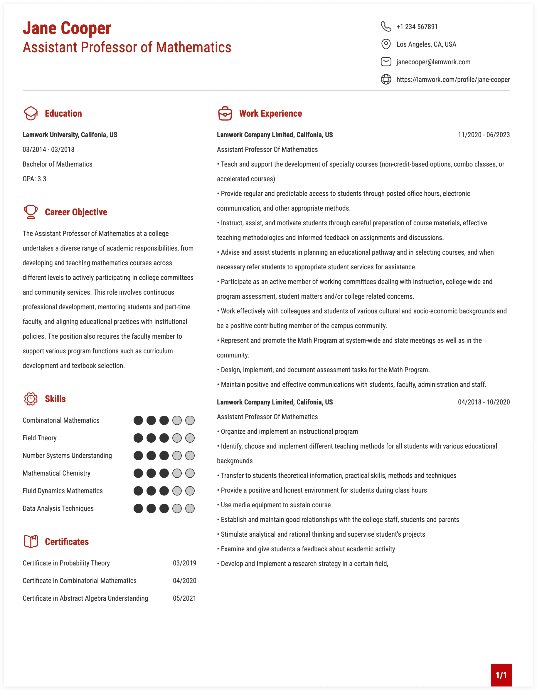 Assistant Professor Of Mathematics Resume Example