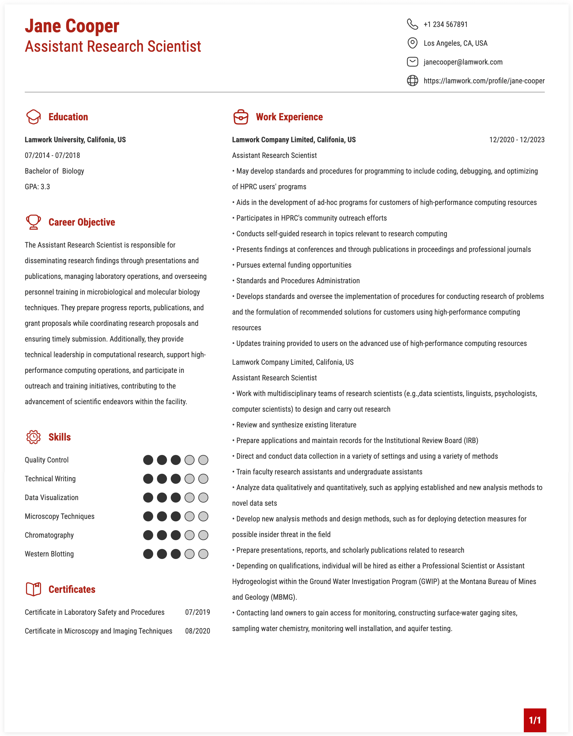 Assistant Research Scientist Resume Example