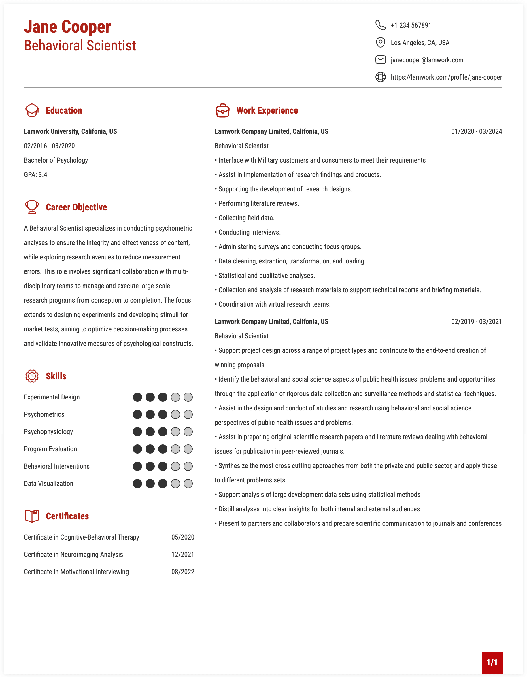 Behavioral Scientist Resume Example