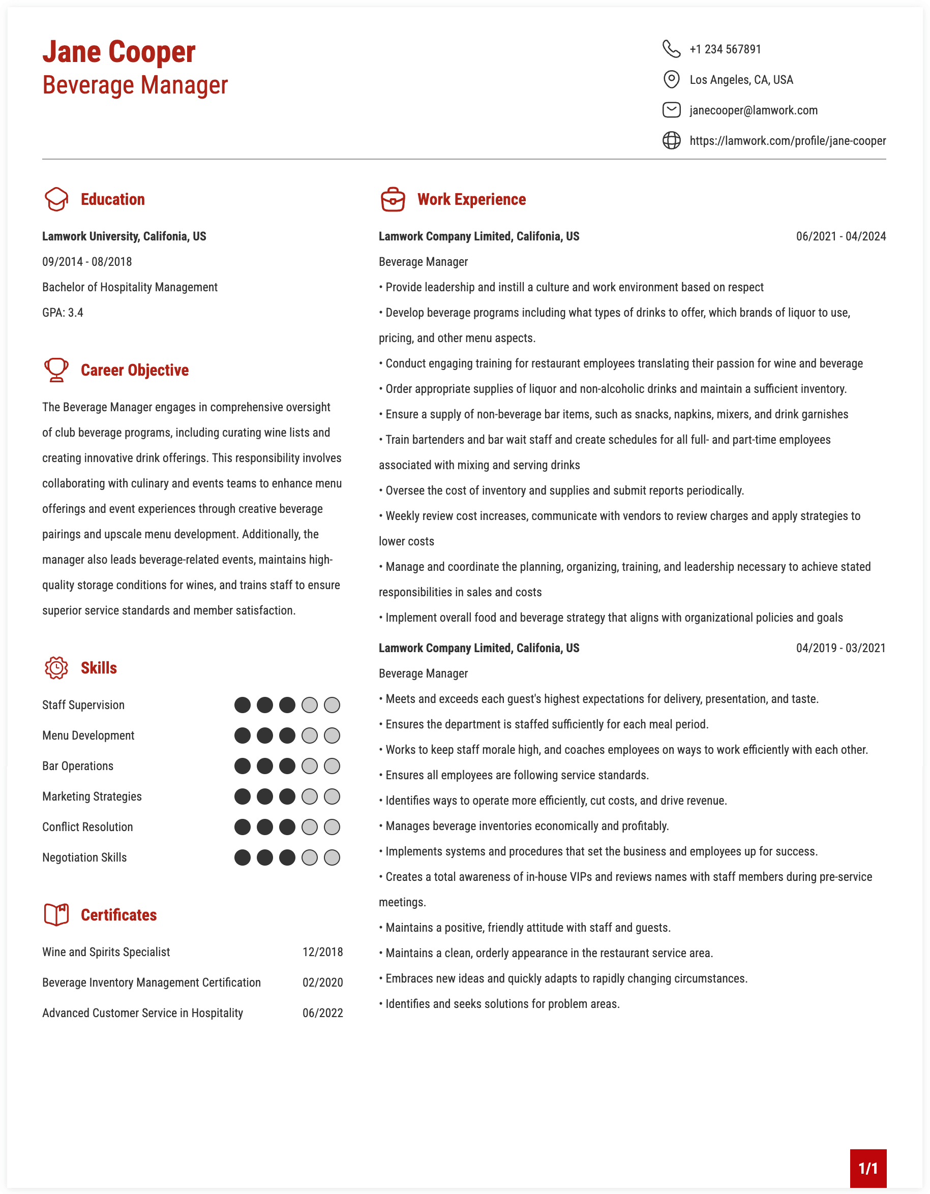 Beverage Manager Resume Example