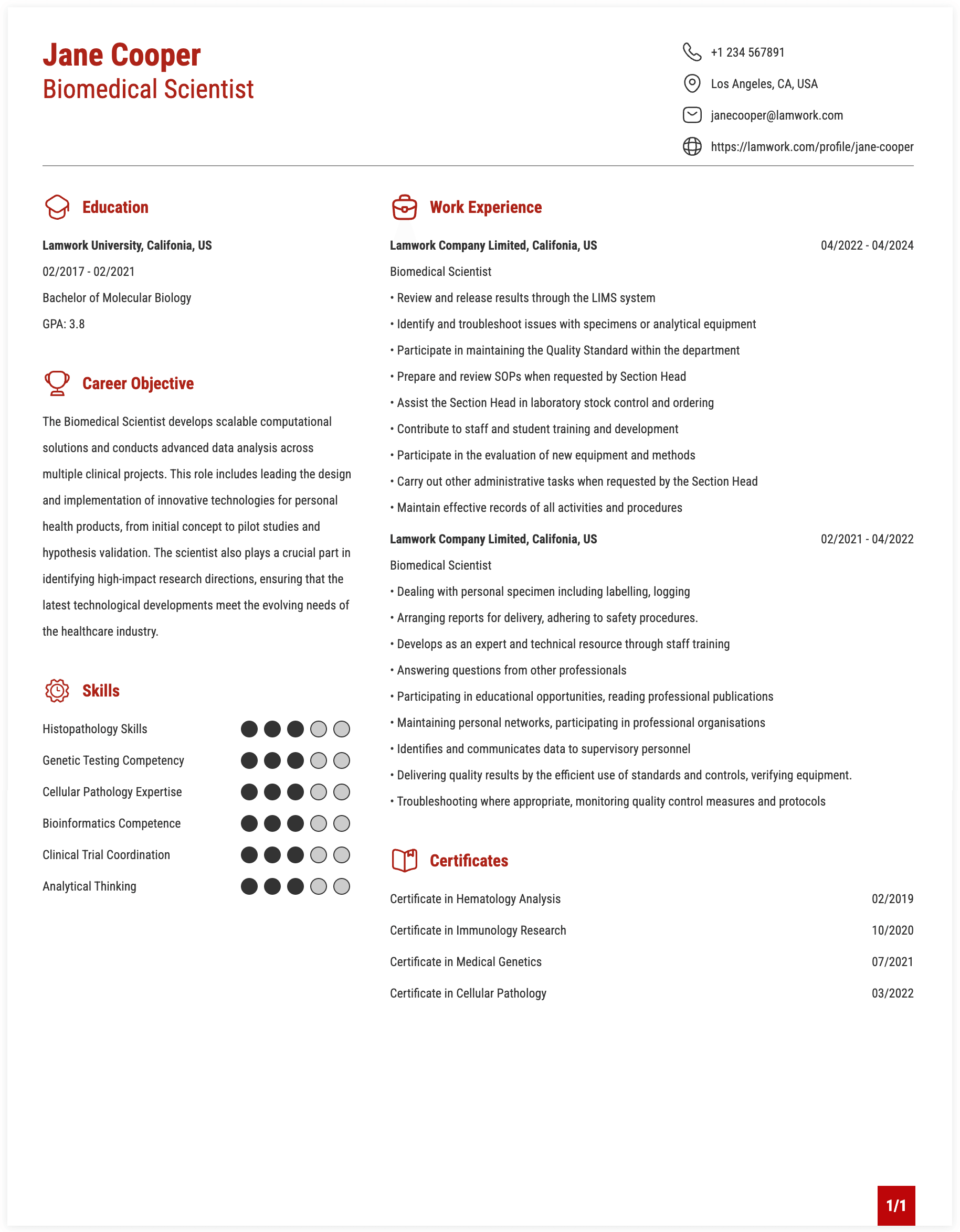 Biomedical Scientist Resume Example