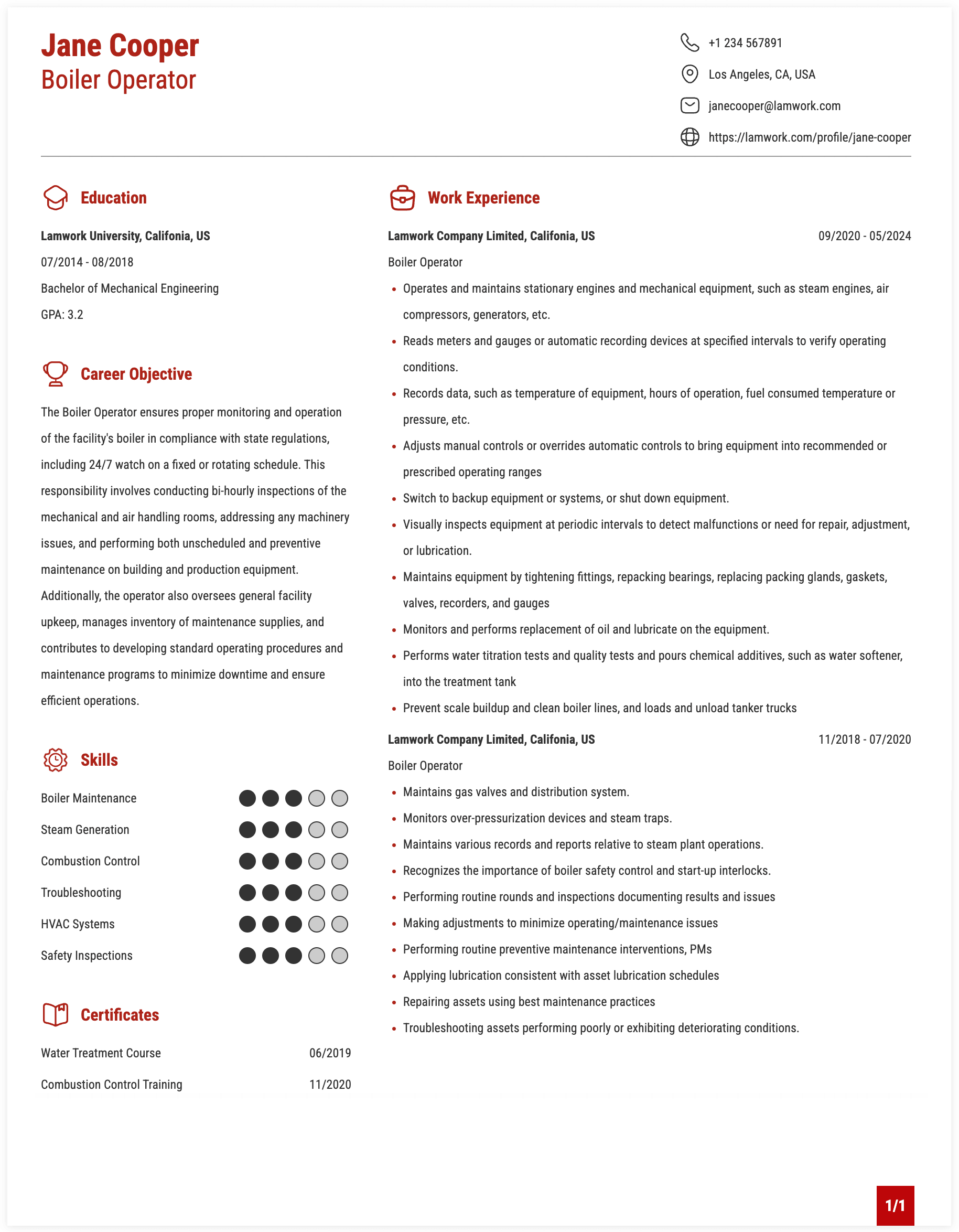 Boiler Operator Resume Example