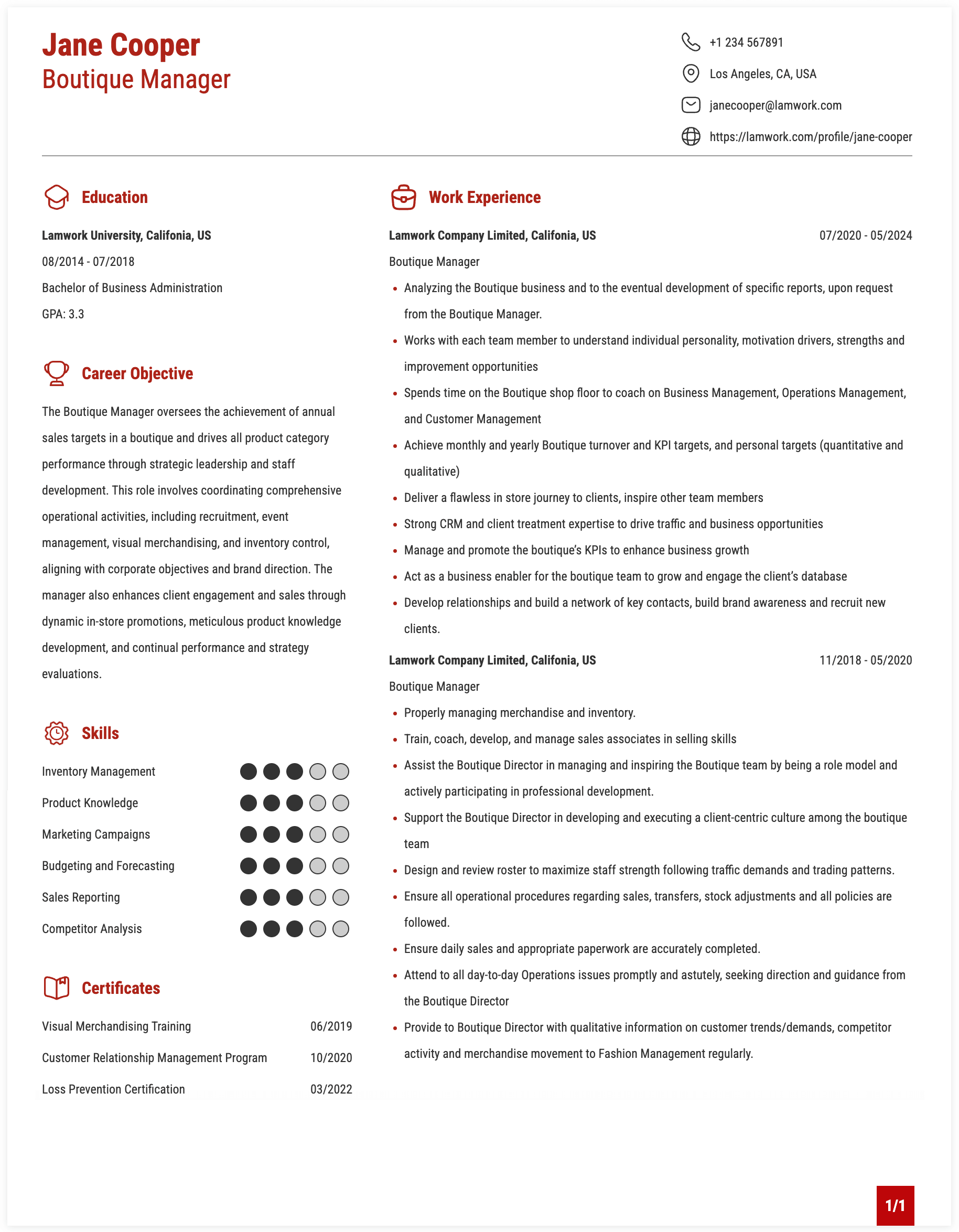 Boutique Manager Resume Example
