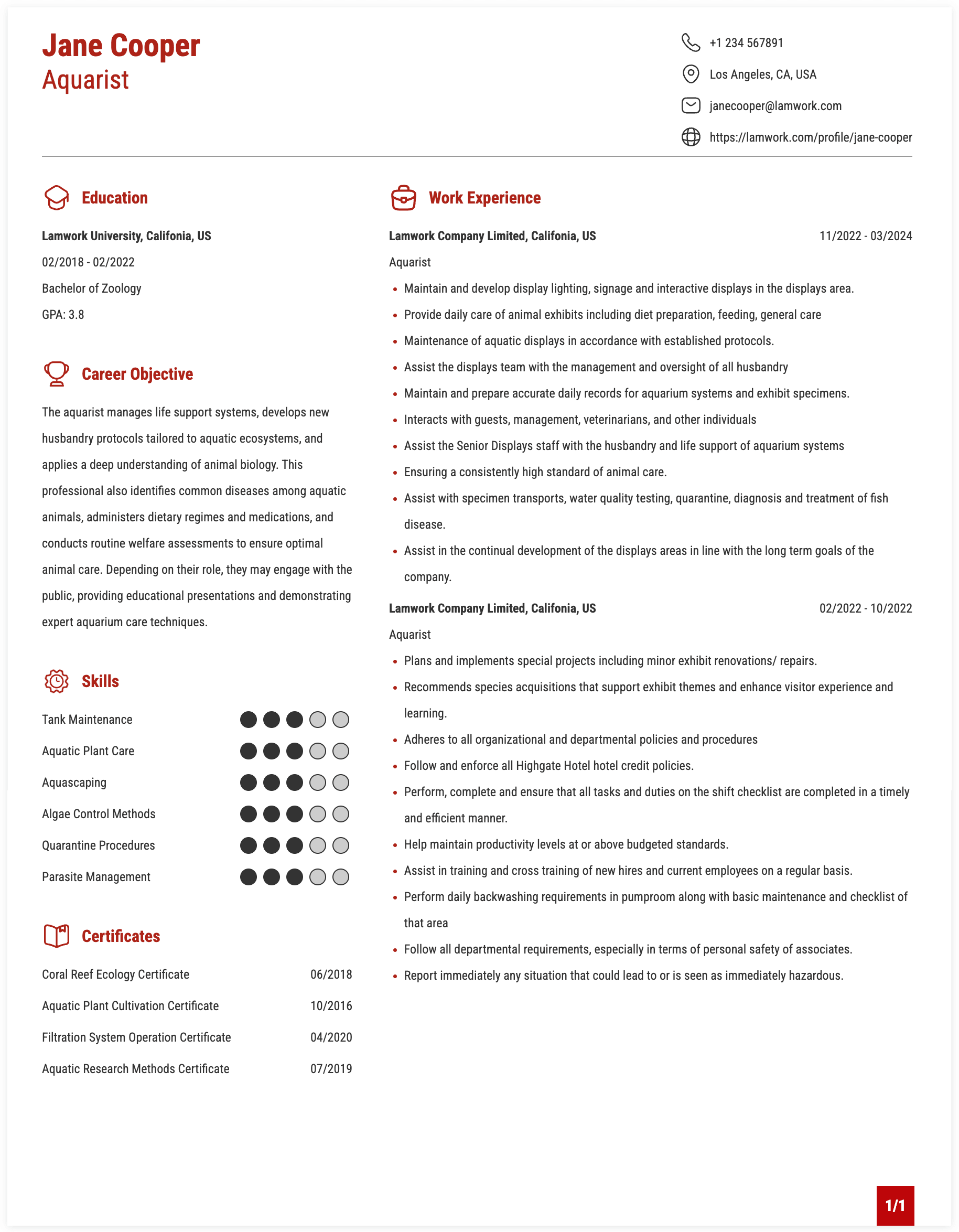 Aquarist Resume Example
