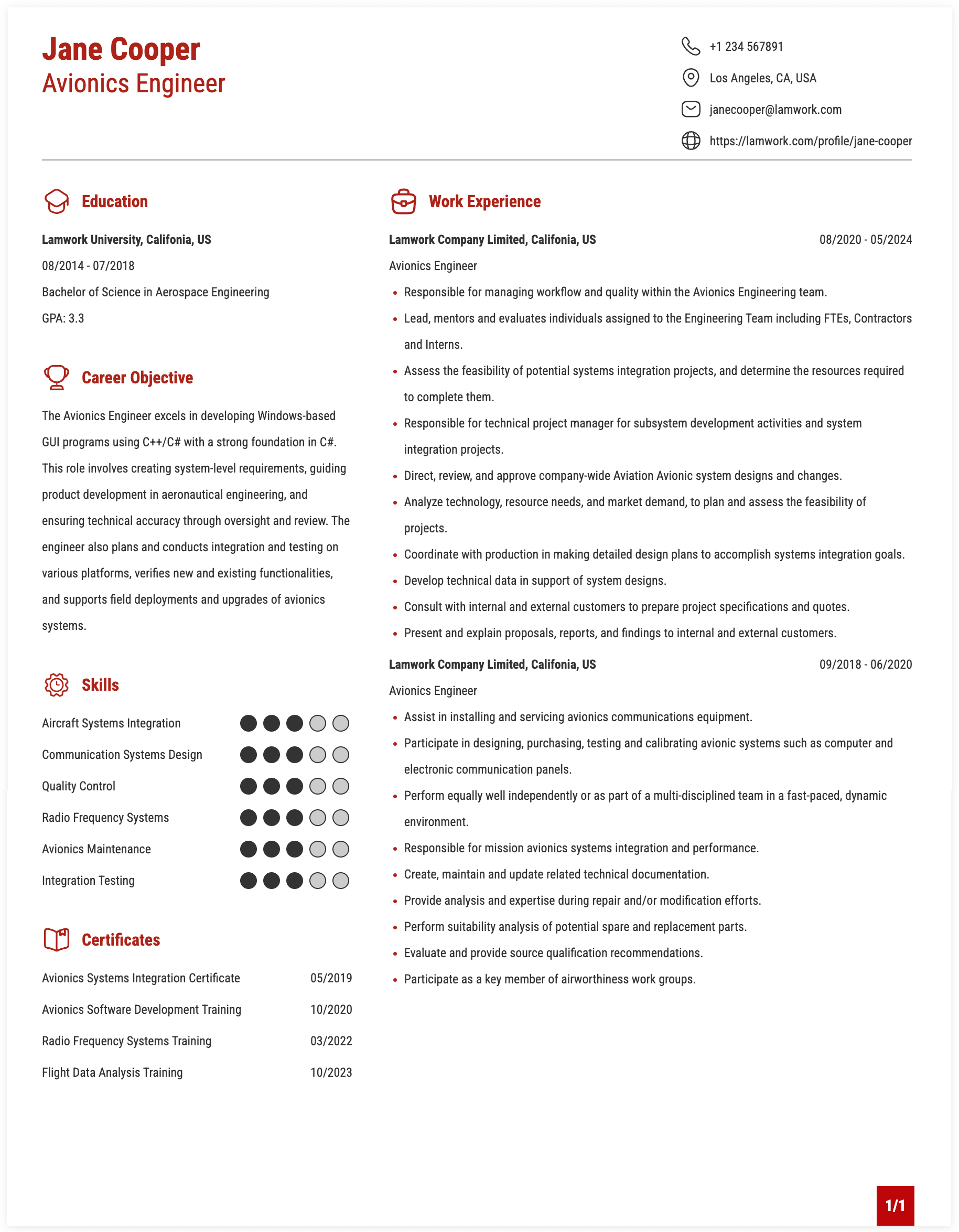 Avionics Engineer Resume Example