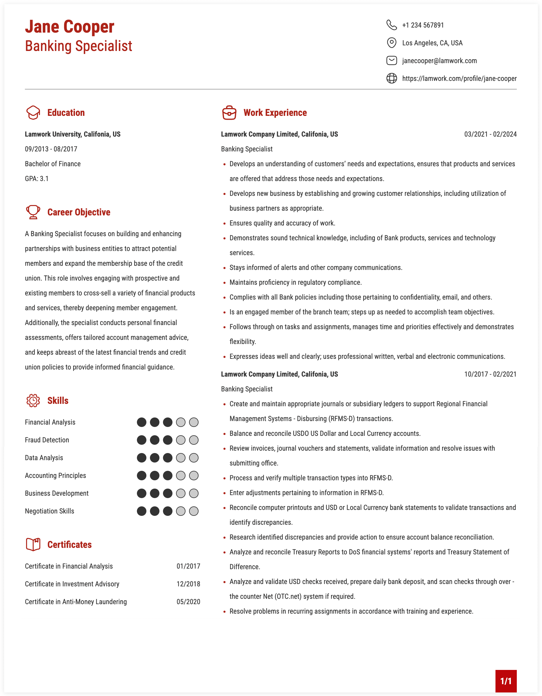 Banking Specialist Resume Example