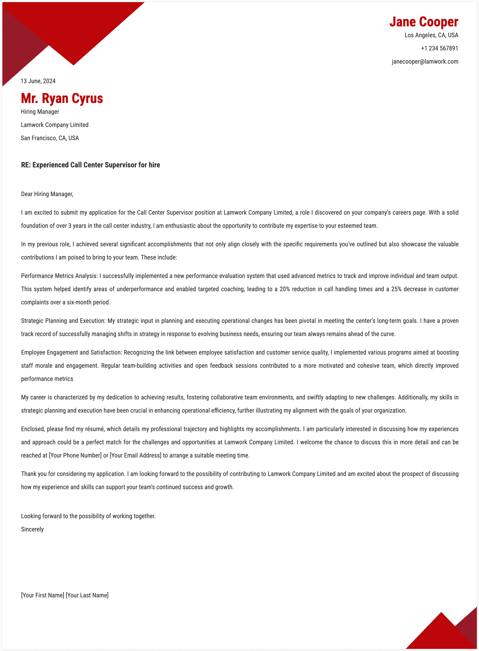 Call Center Supervisor Cover Letter Template