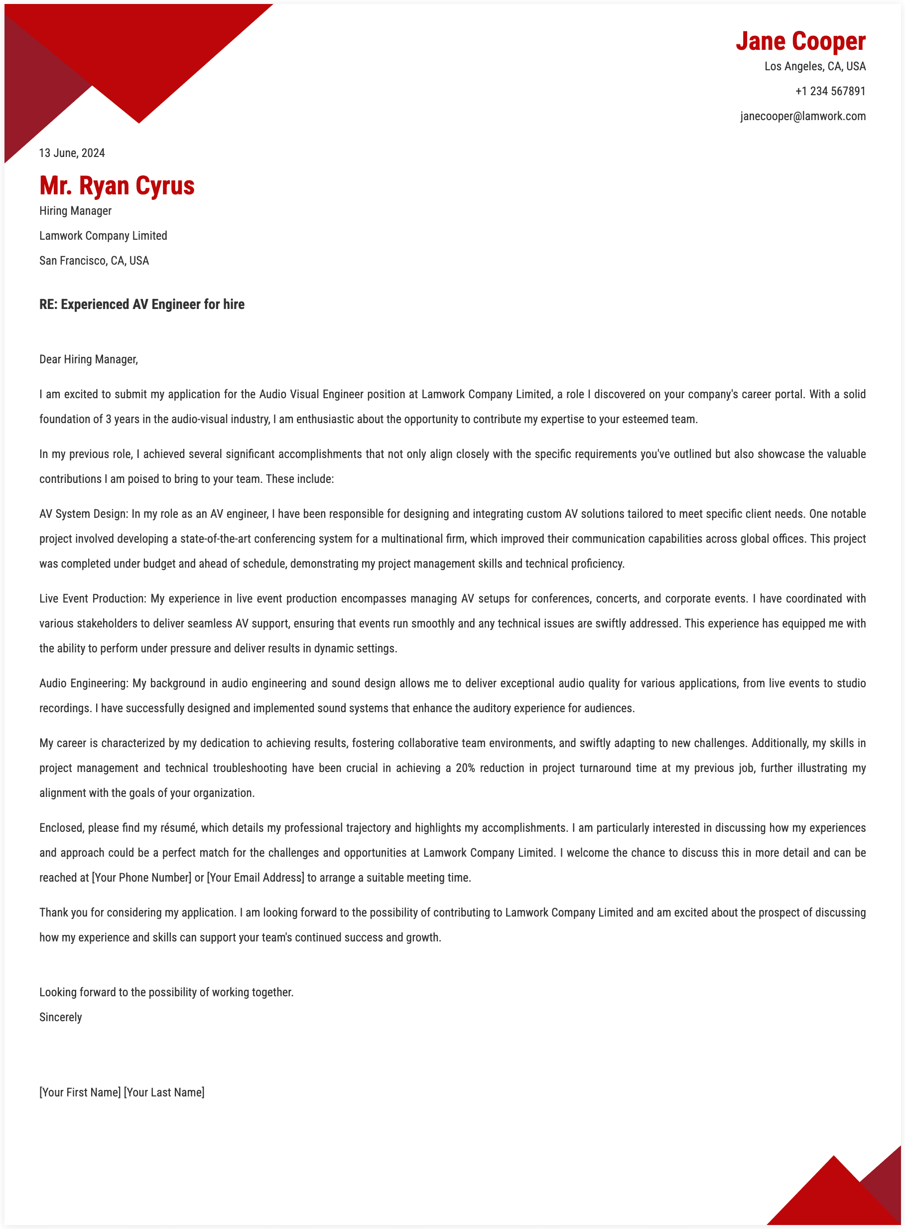 AV Engineer Cover Letter Template