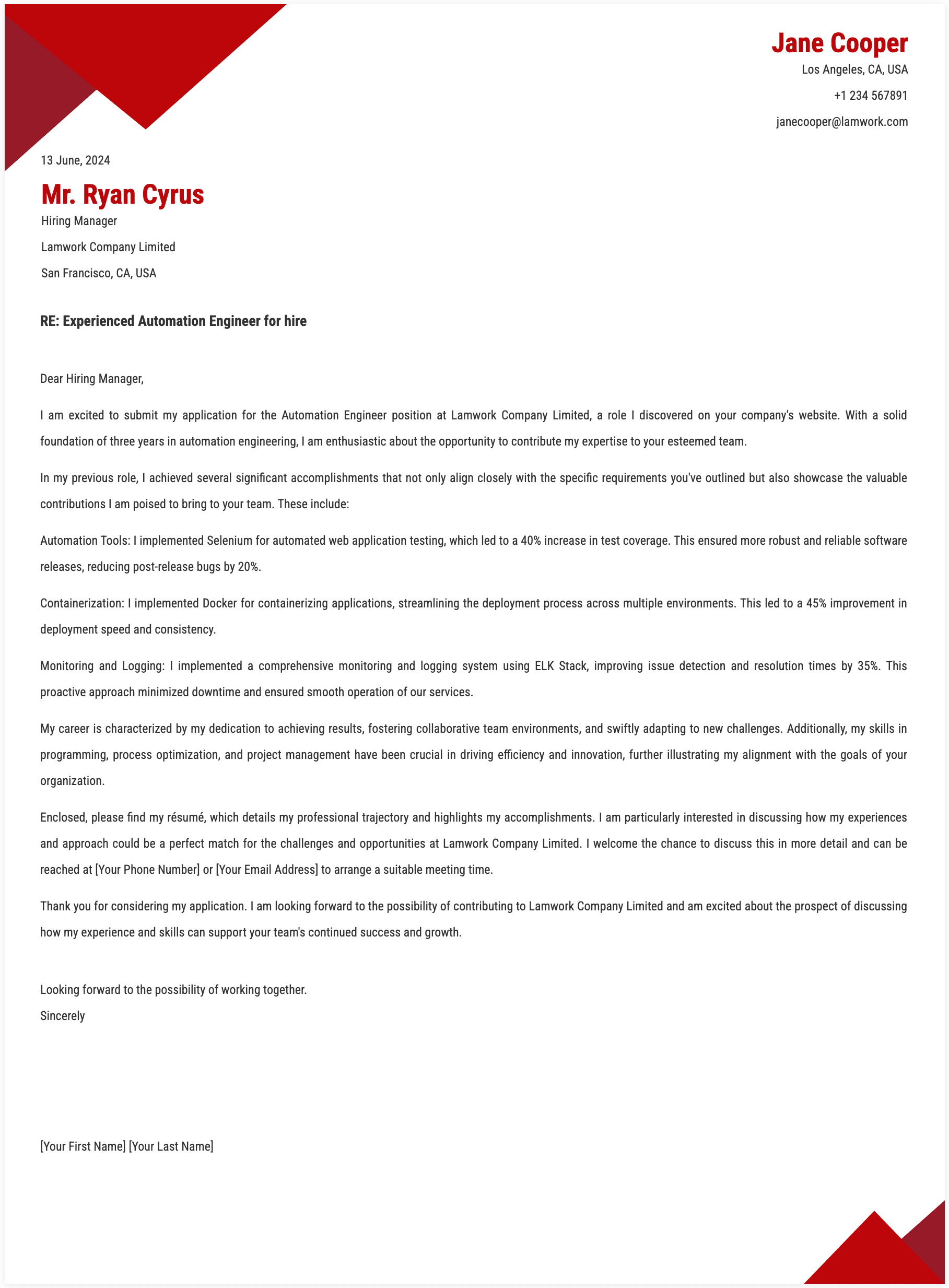 Automation Engineer Cover Letter Template