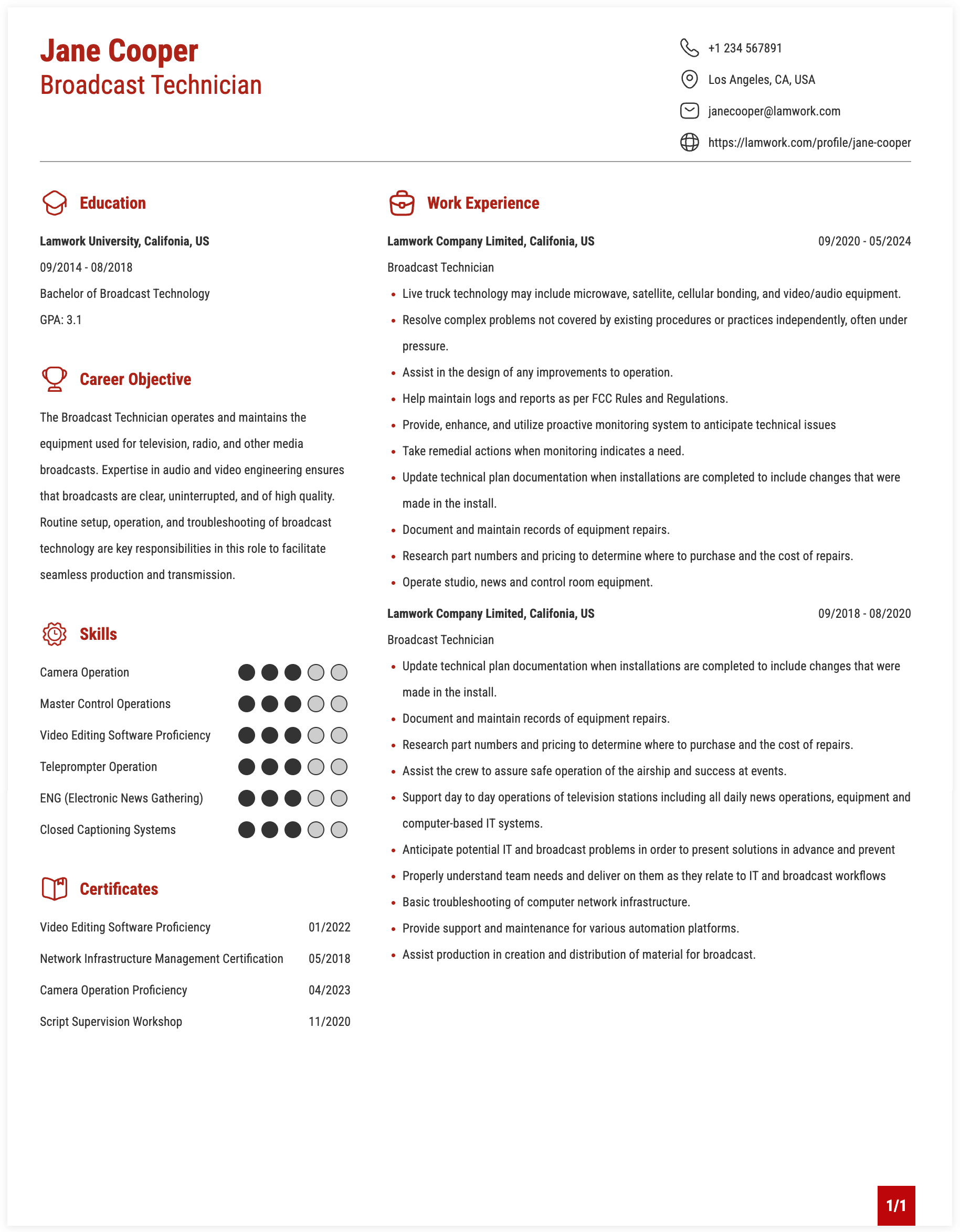 Broadcast Technician Resume Example