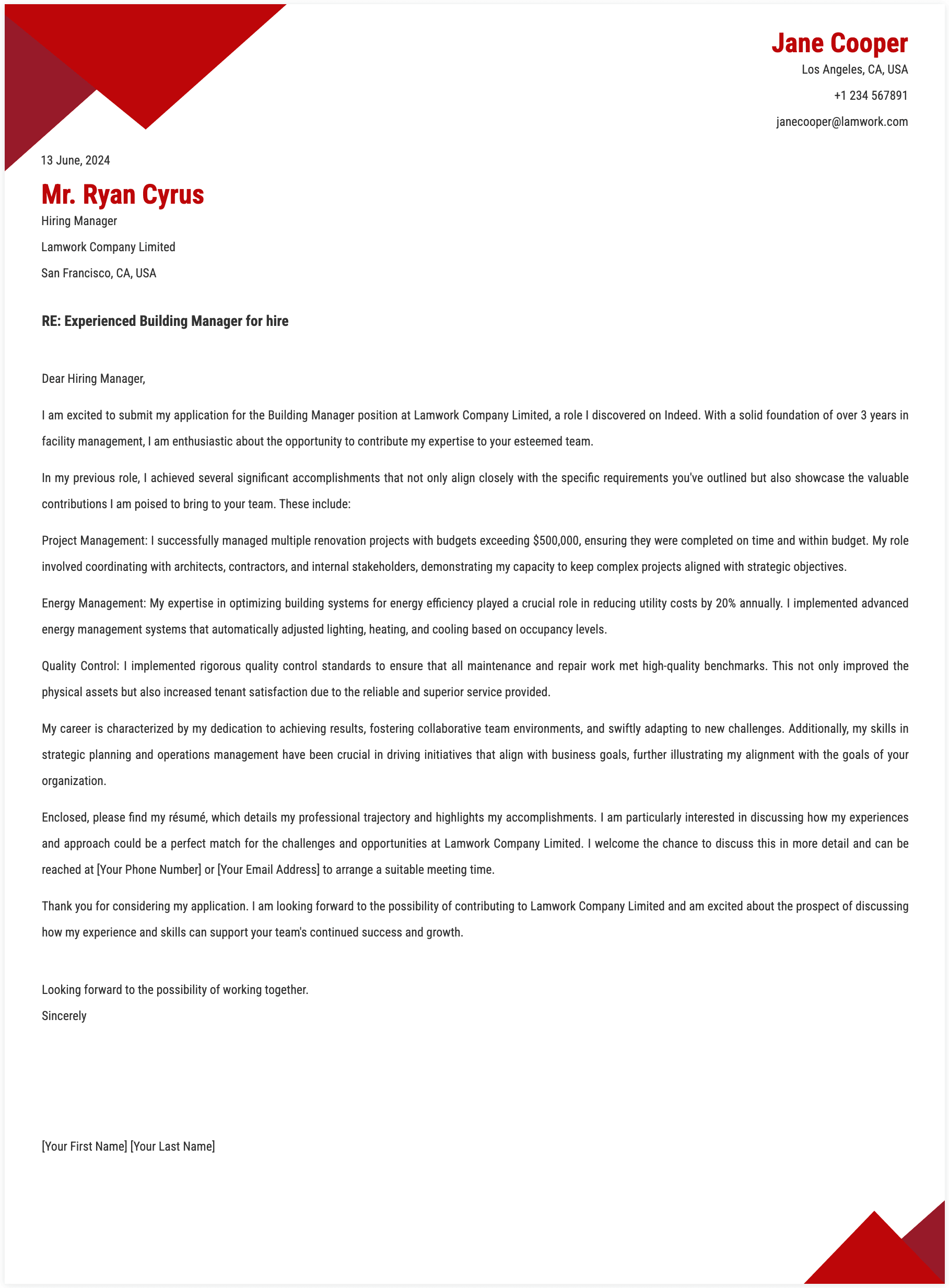 Building Manager Cover Letter Template