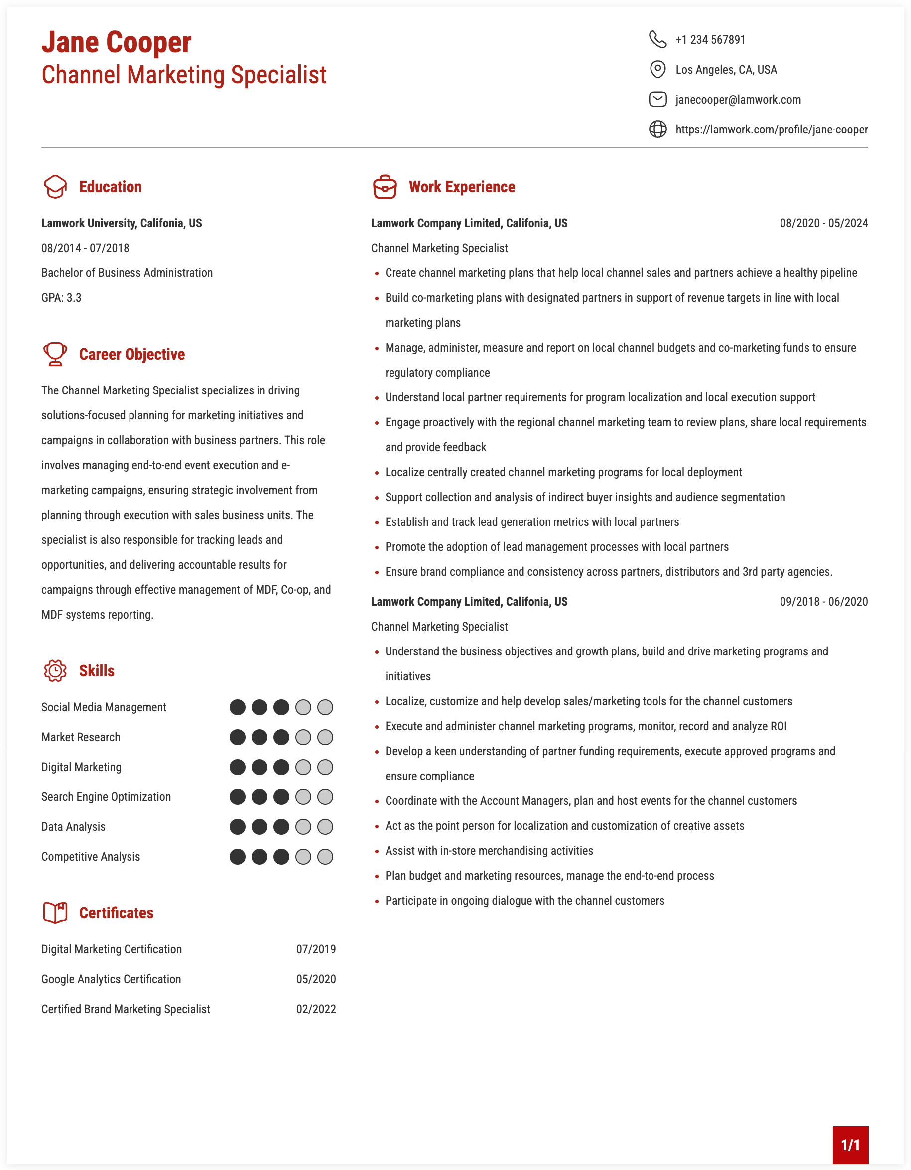 Channel Marketing Specialist Resume Example