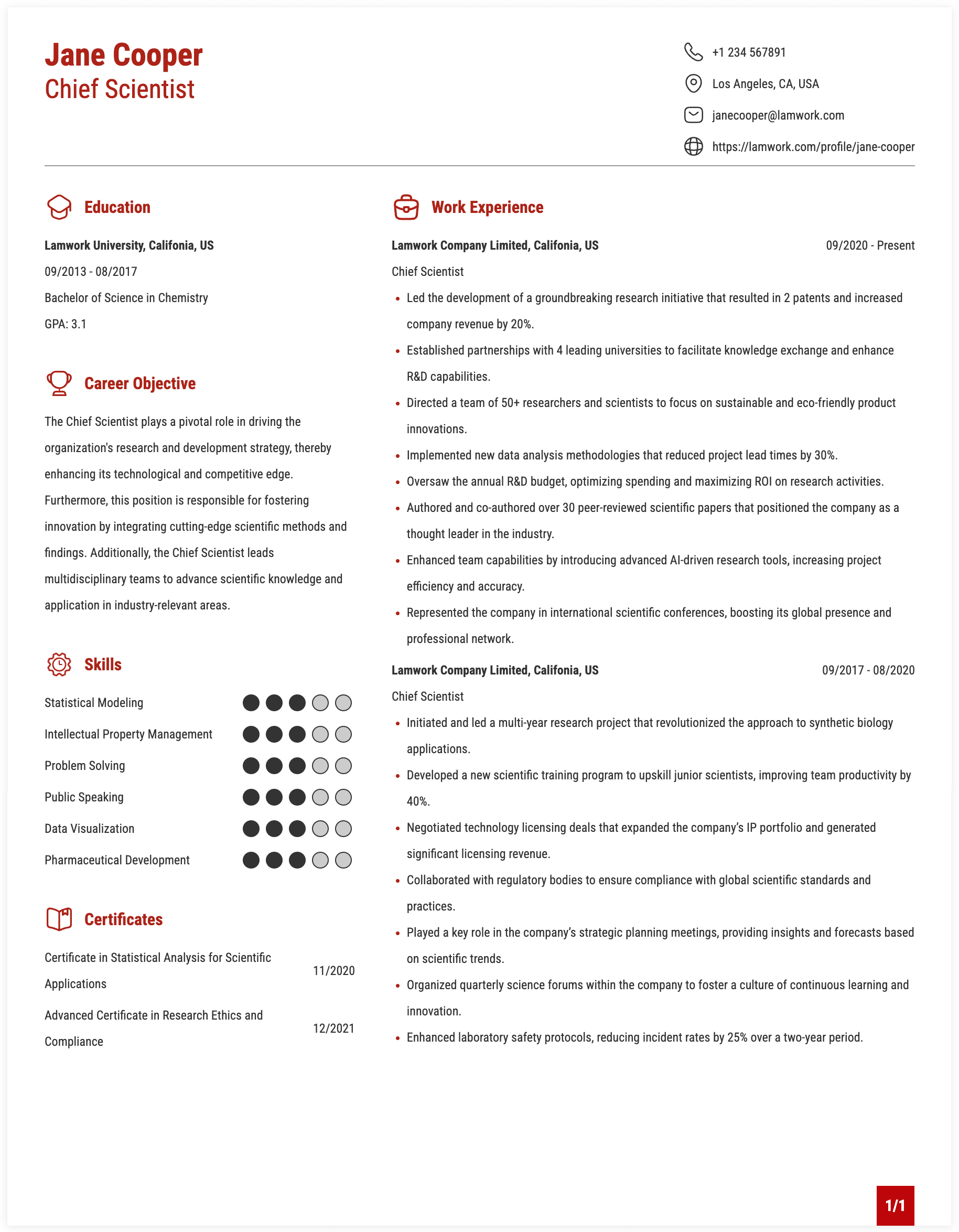 Chief Scientist Resume Example