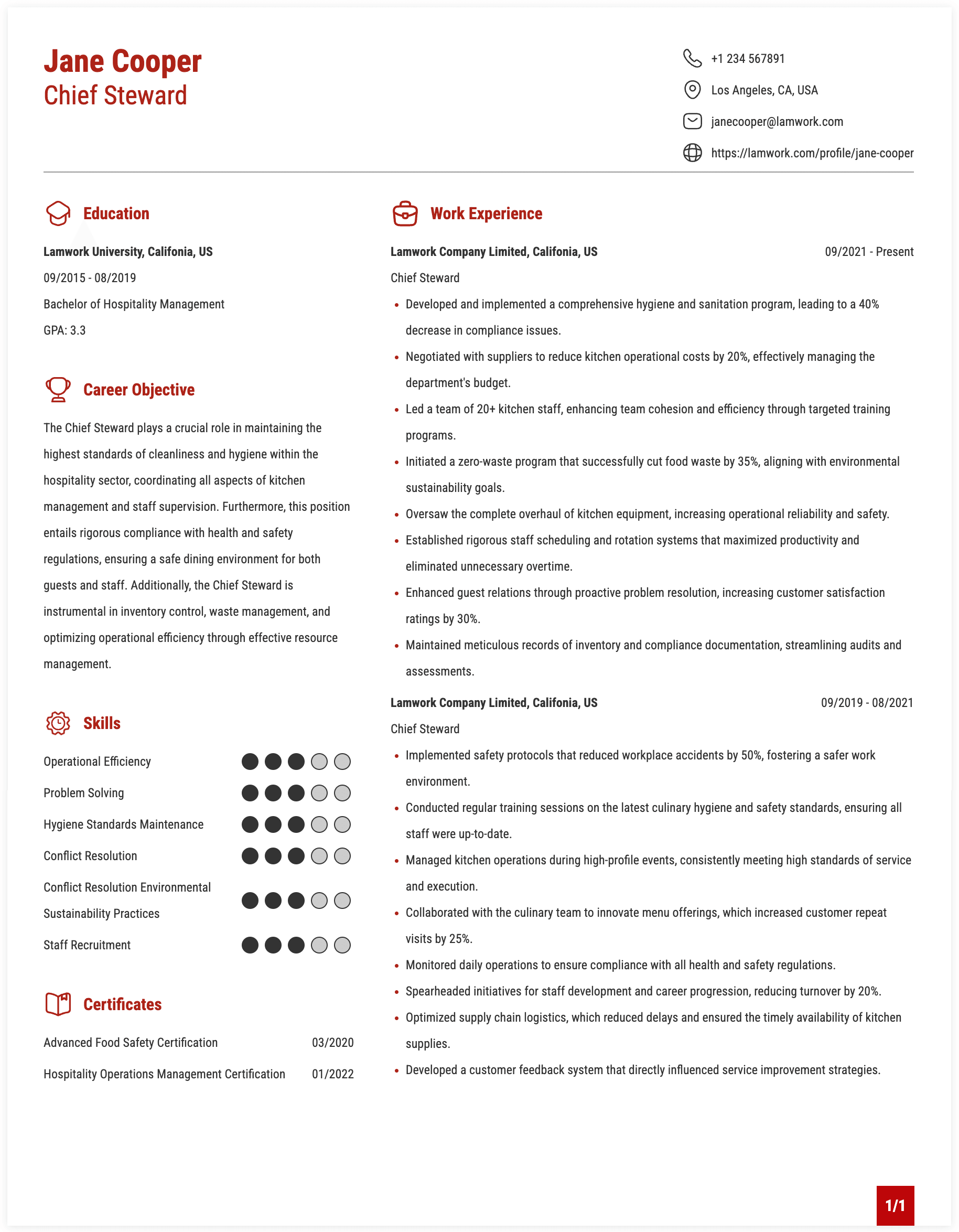 Chief Steward Resume Example