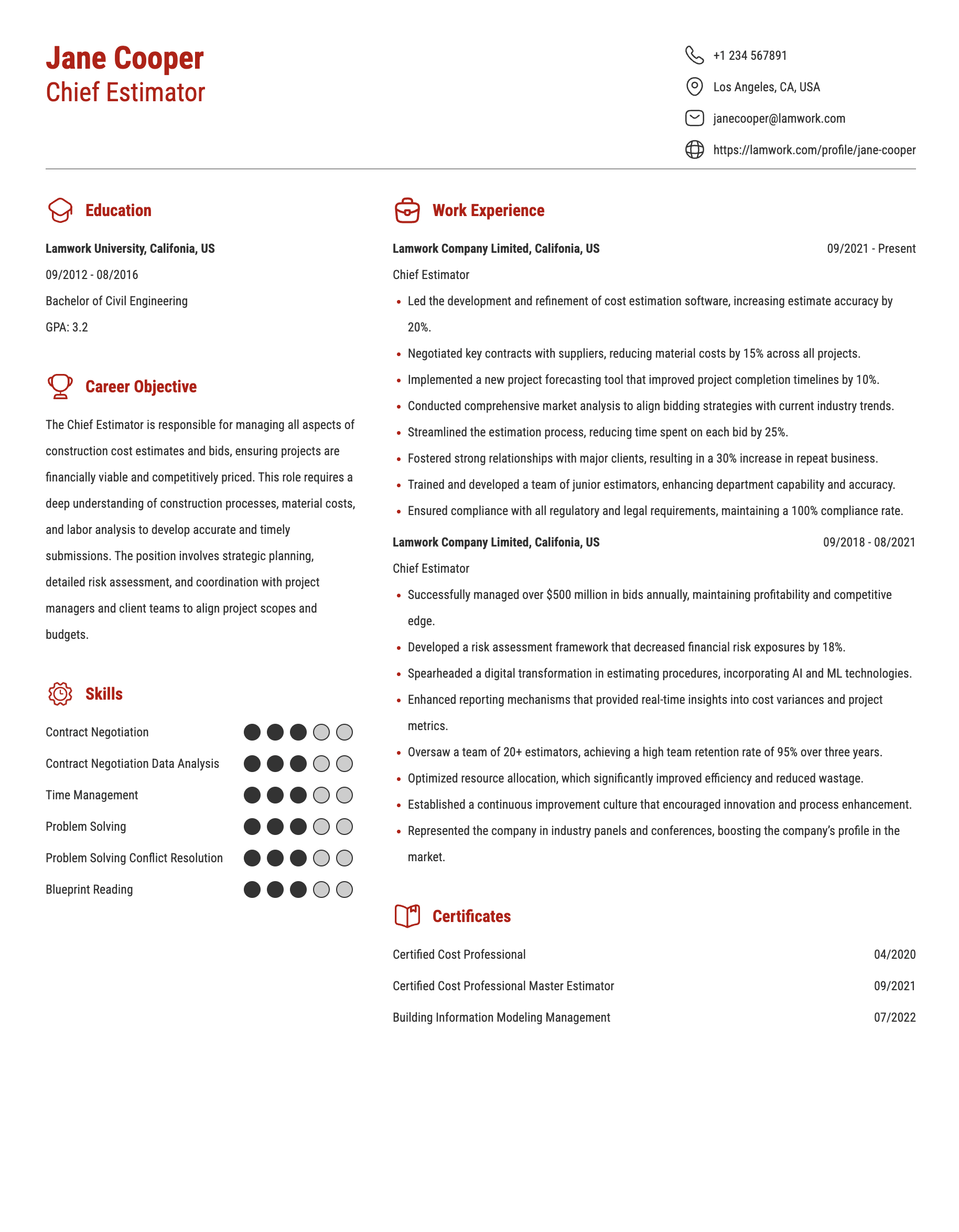 Chief Estimator Resume Example