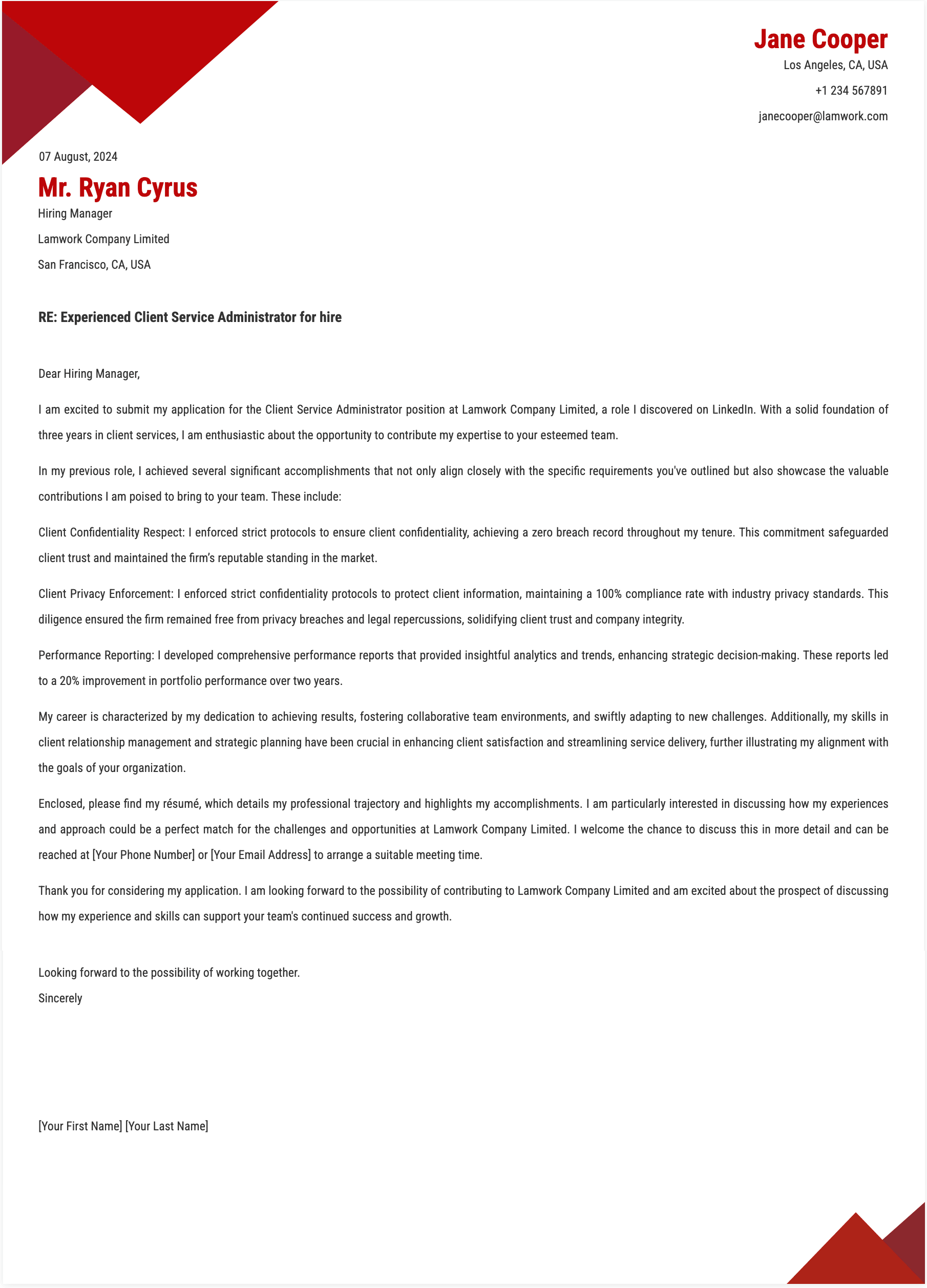 Client Service Administrator Cover Letter Template