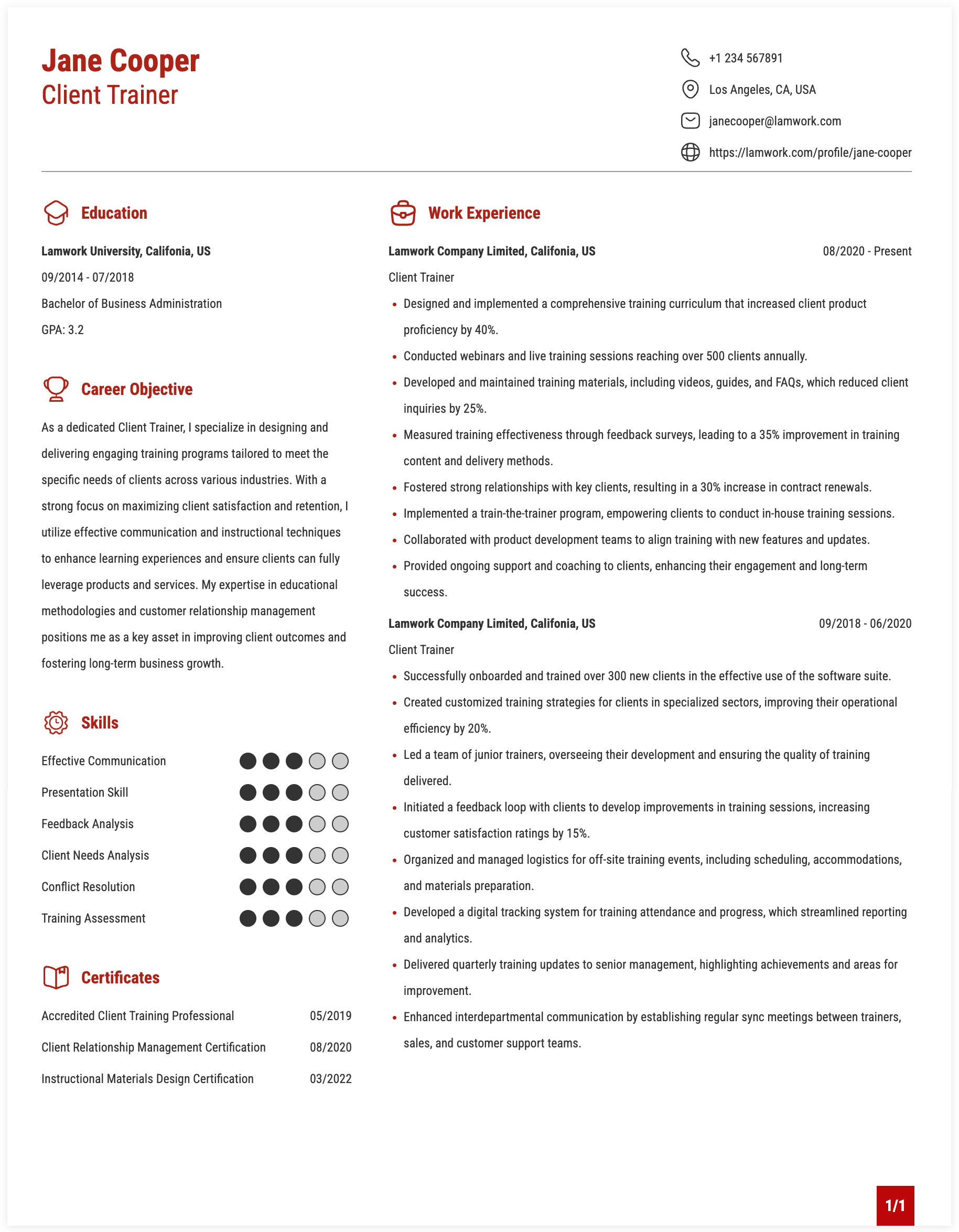 Client Trainer Resume Example
