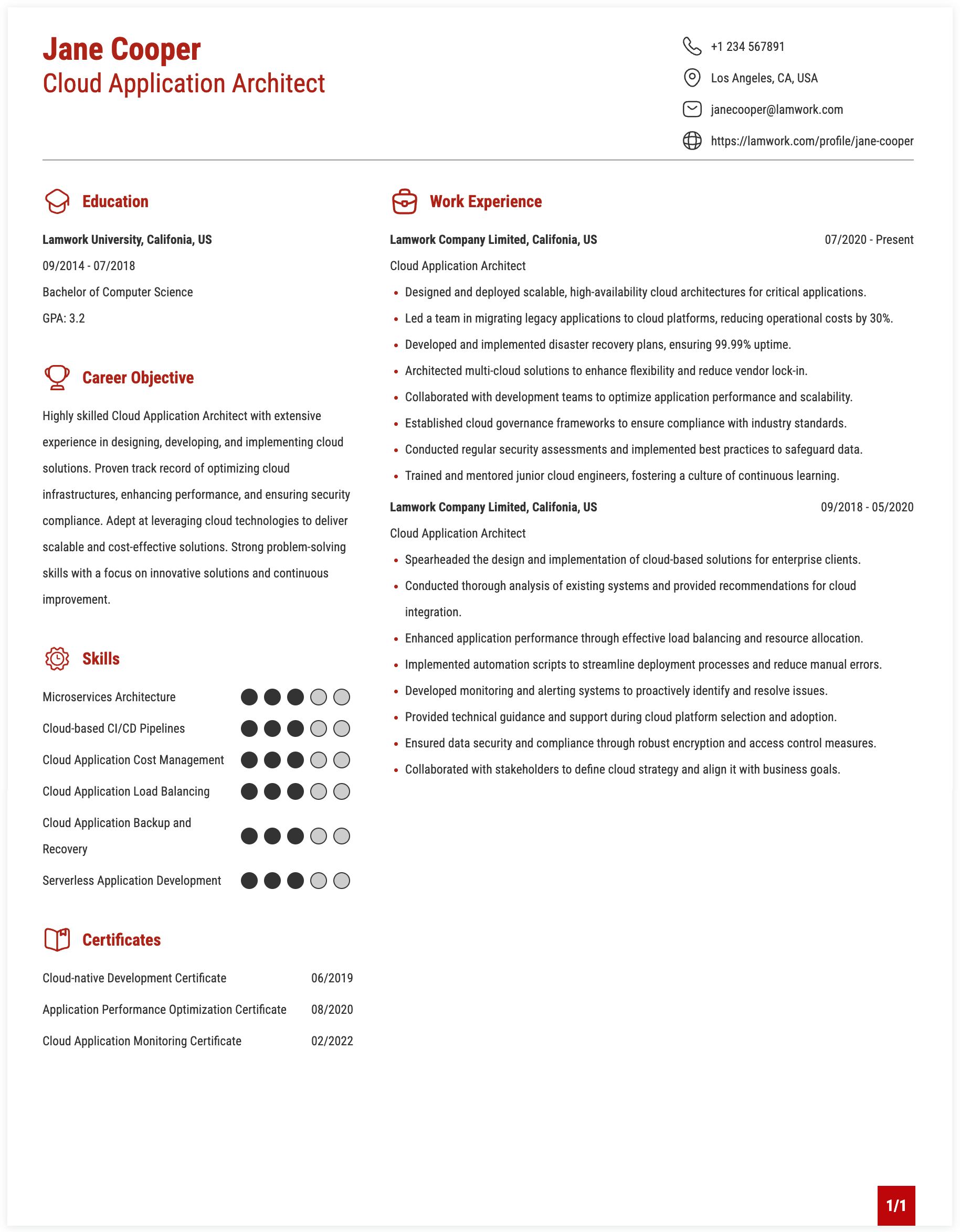 Cloud Application Architect Resume Example