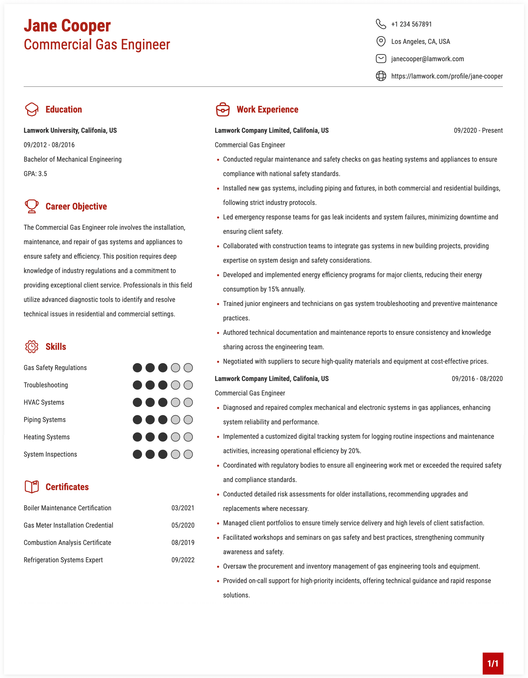 Commercial Gas Engineer Resume Example