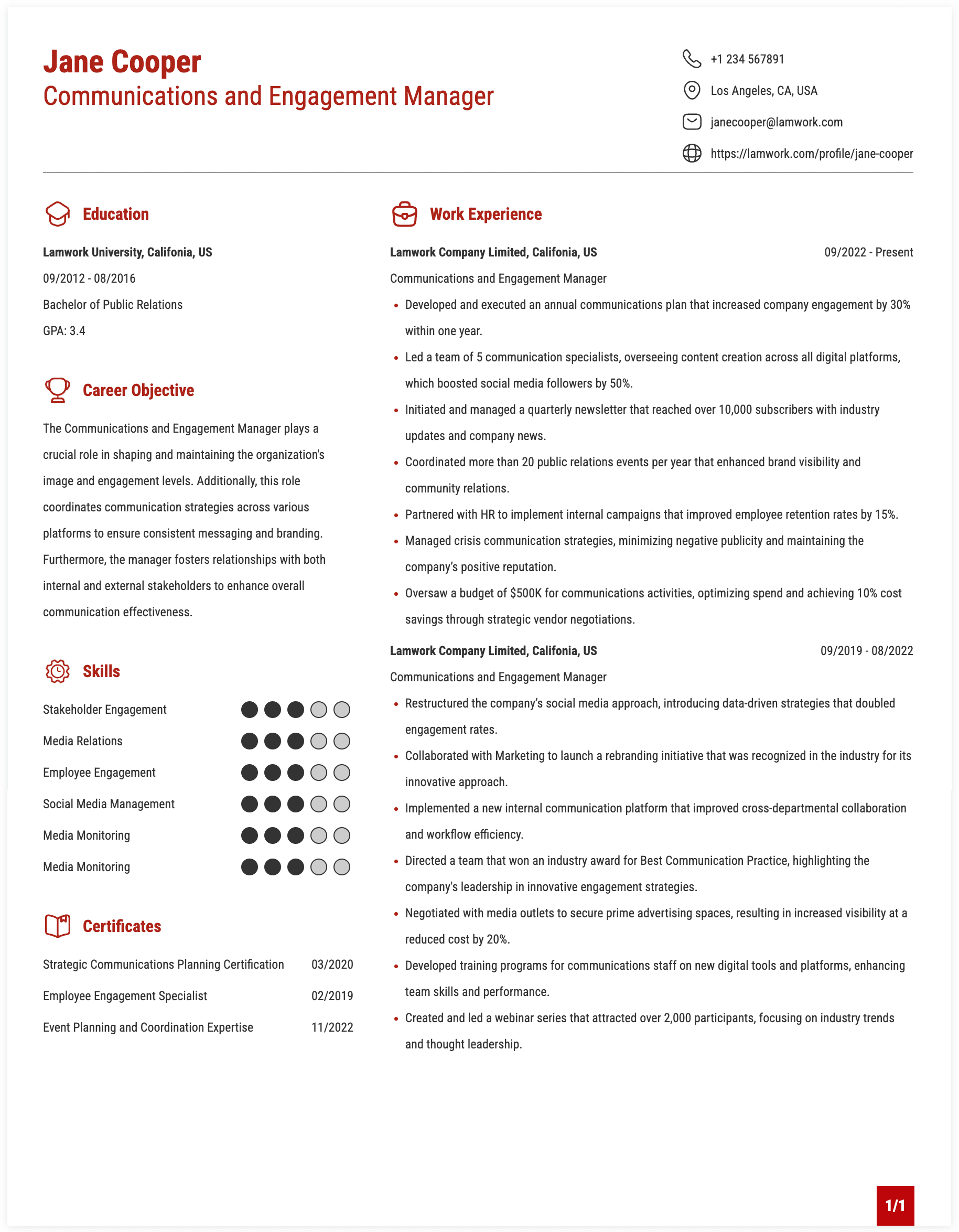 Communications and Engagement Manager Resume Example
